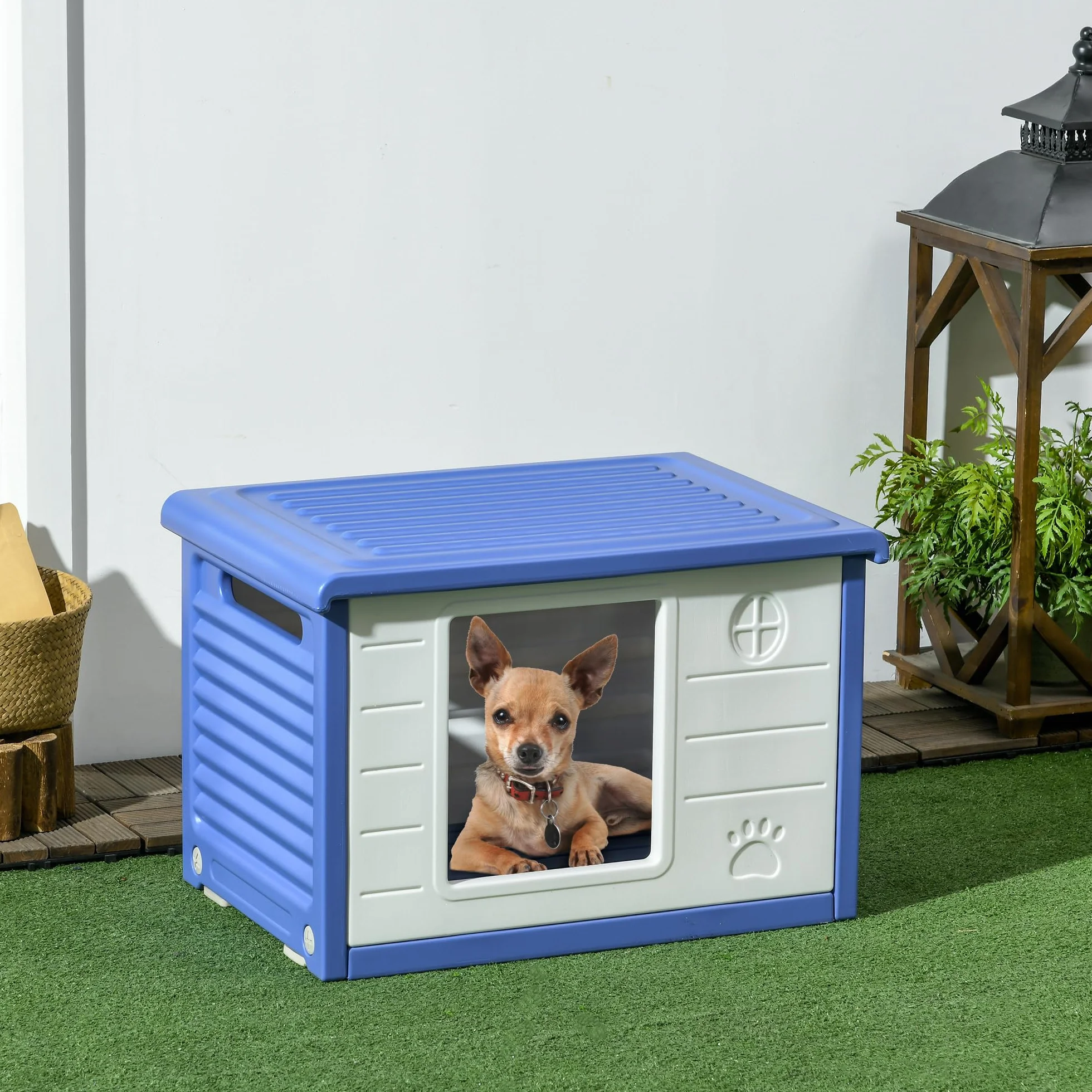 PawHut Niche pour Chien extérieure abri en Plastique résistante à l'eau 60x42x40 cm Bleu Blanc