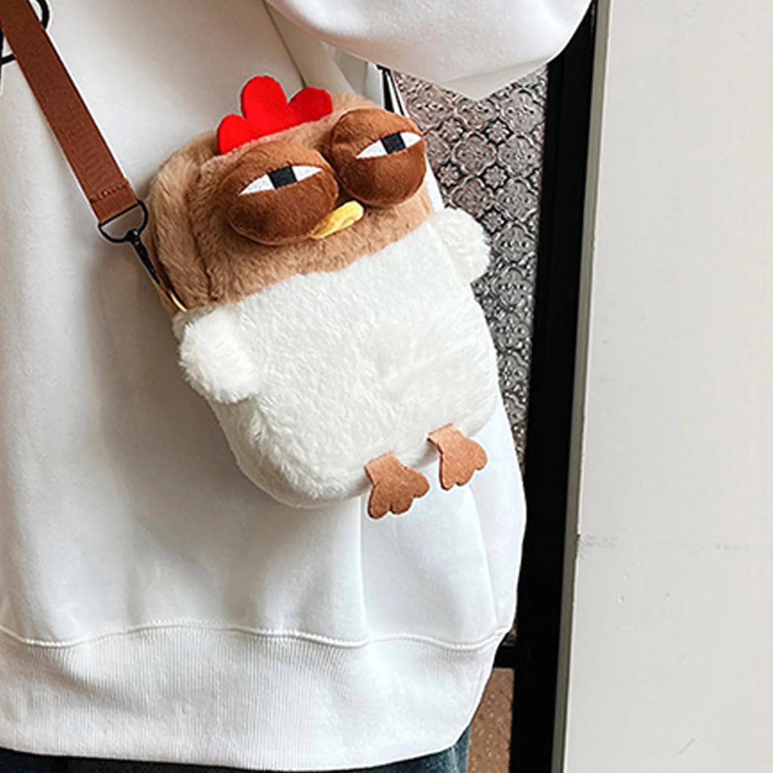 Chicken Shoulder Bag, Zipper Plush Animal Purse, Soft Stuffed Bag, Compact Cross-Body with Adjustable Strap for Kids
