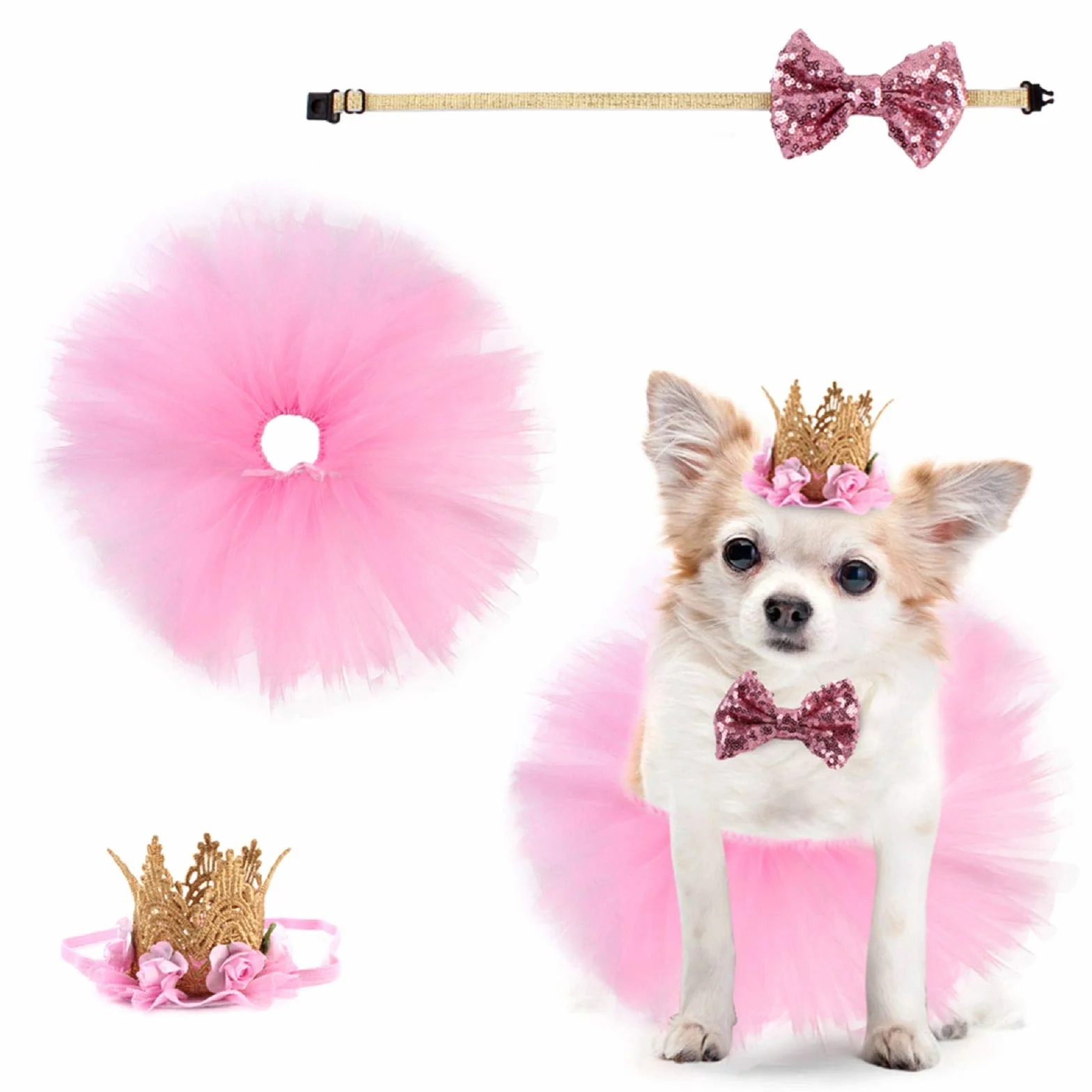 Costume de Chien 3 Pièces Rose Jupe Tutu Couronne Chapeau Paillette Noeud Papillon pour Petits Chiens et Chats