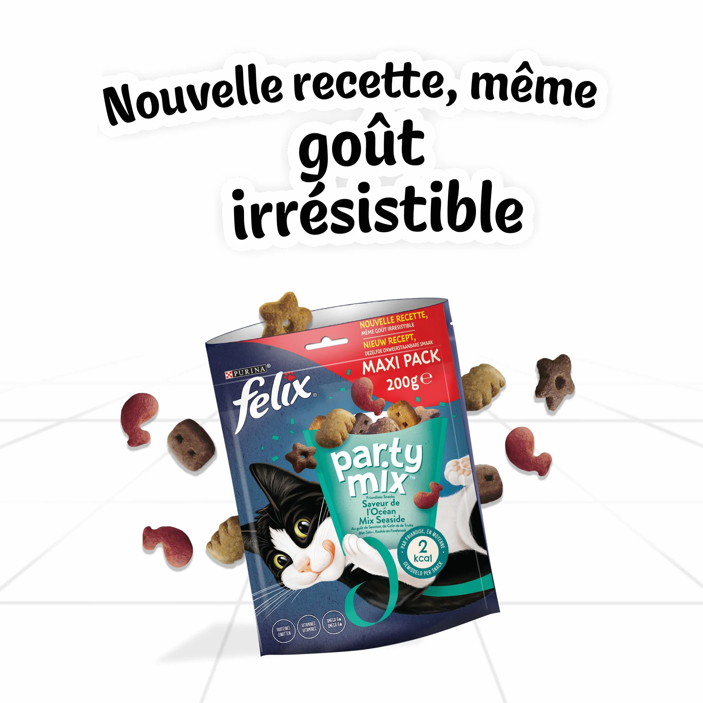 Felix | Party Mix | Friandises pour Chat Adulte | Riches en protéines, vitamines, acides Gras et oméga 6 | Saveur de l'Océan au goût irrésistible : Saumon, Colin, Truite | Sac | Lot de 5 x 200g