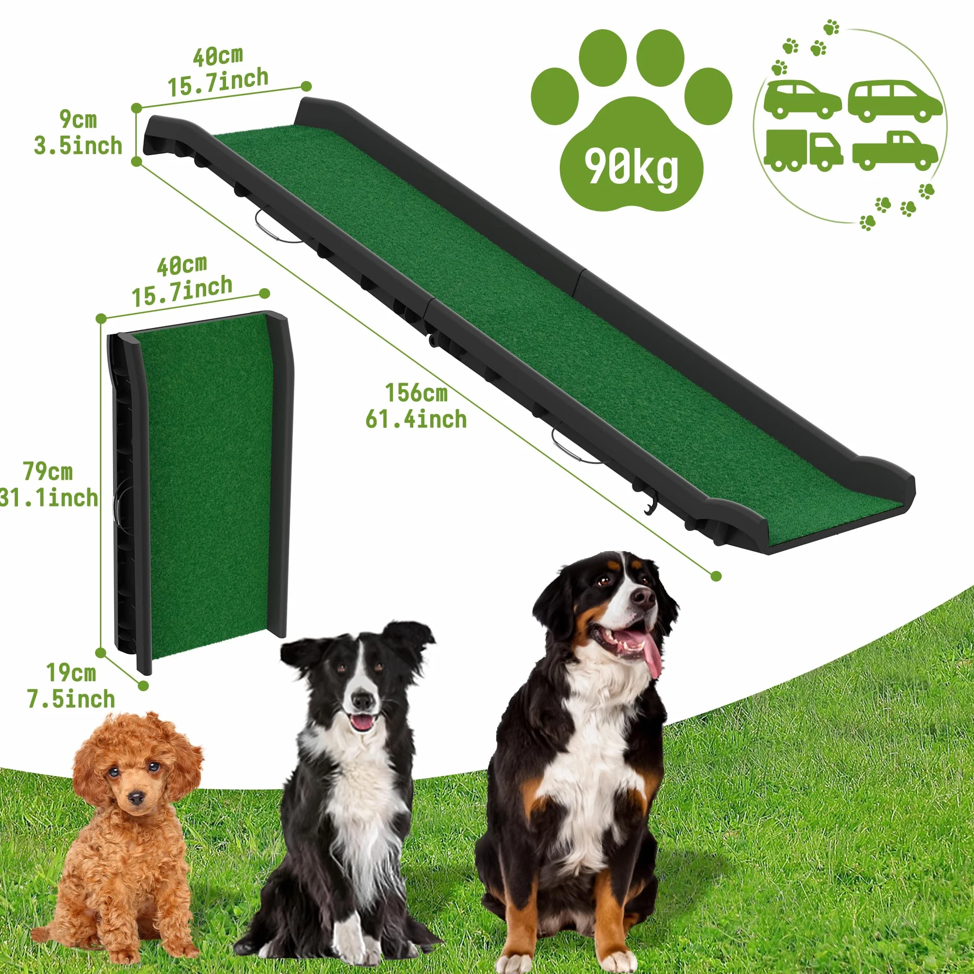 FIVMEN Rampe de voiture pliable pour chien - Antidérapant - Jusqu'à 90 kg - 156 x 40 cm - Pour SUV, grands petits animaux, avec pelouse