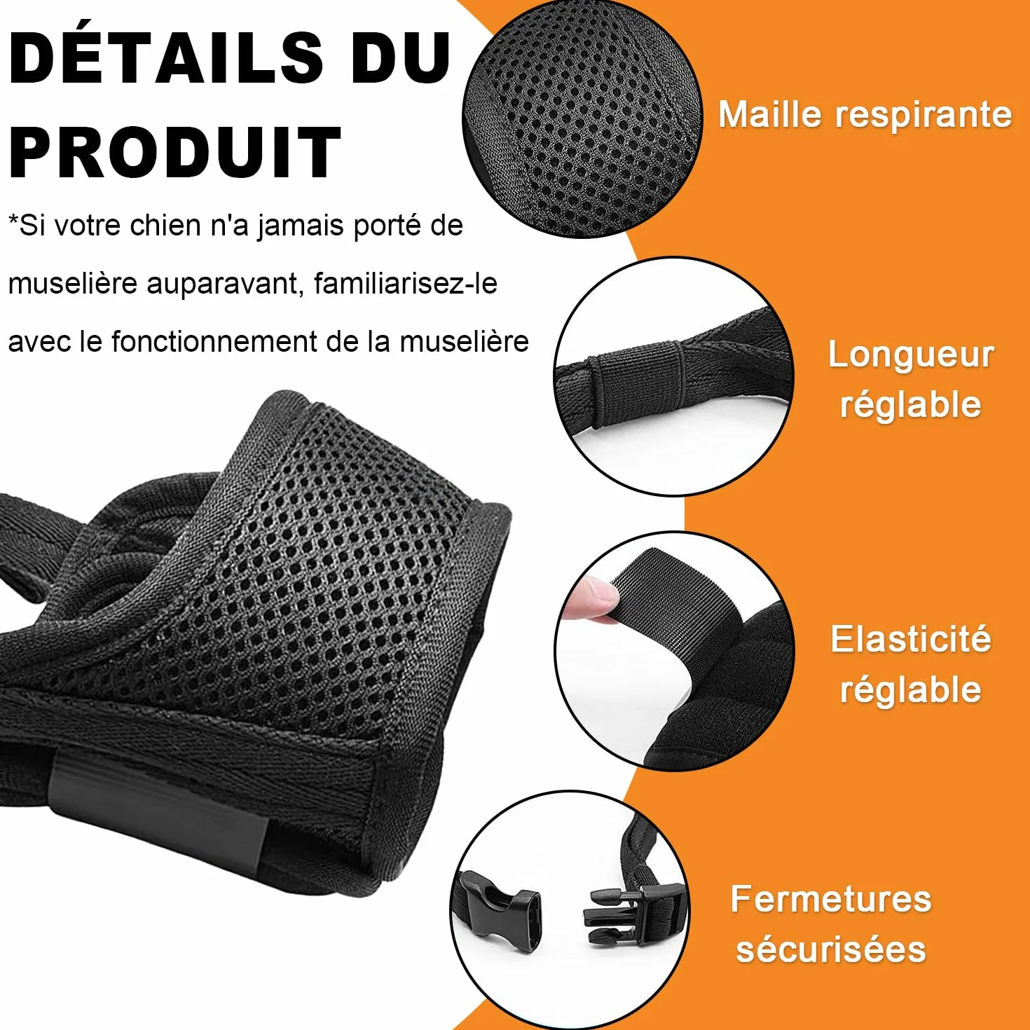 LATRAT Museliere pour Chiens, Muselière en Nylon Réglable, Souple Boucle Maille Tissu, Respirante, empêche de Manger, de Mordre et de AboieMent, Noir L