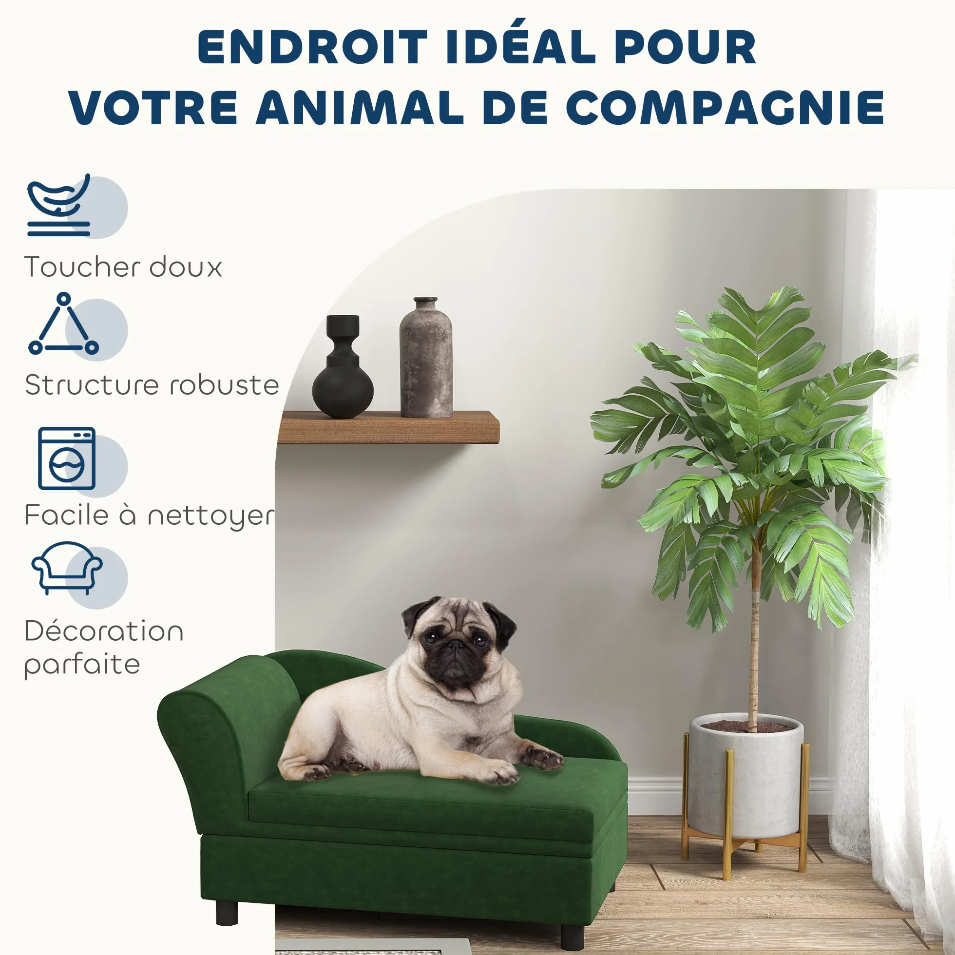 PawHut Canapé Chien Chat avec Coffre Rangement Style Moderne Coussin Amovible 76x45x43 cm Vert