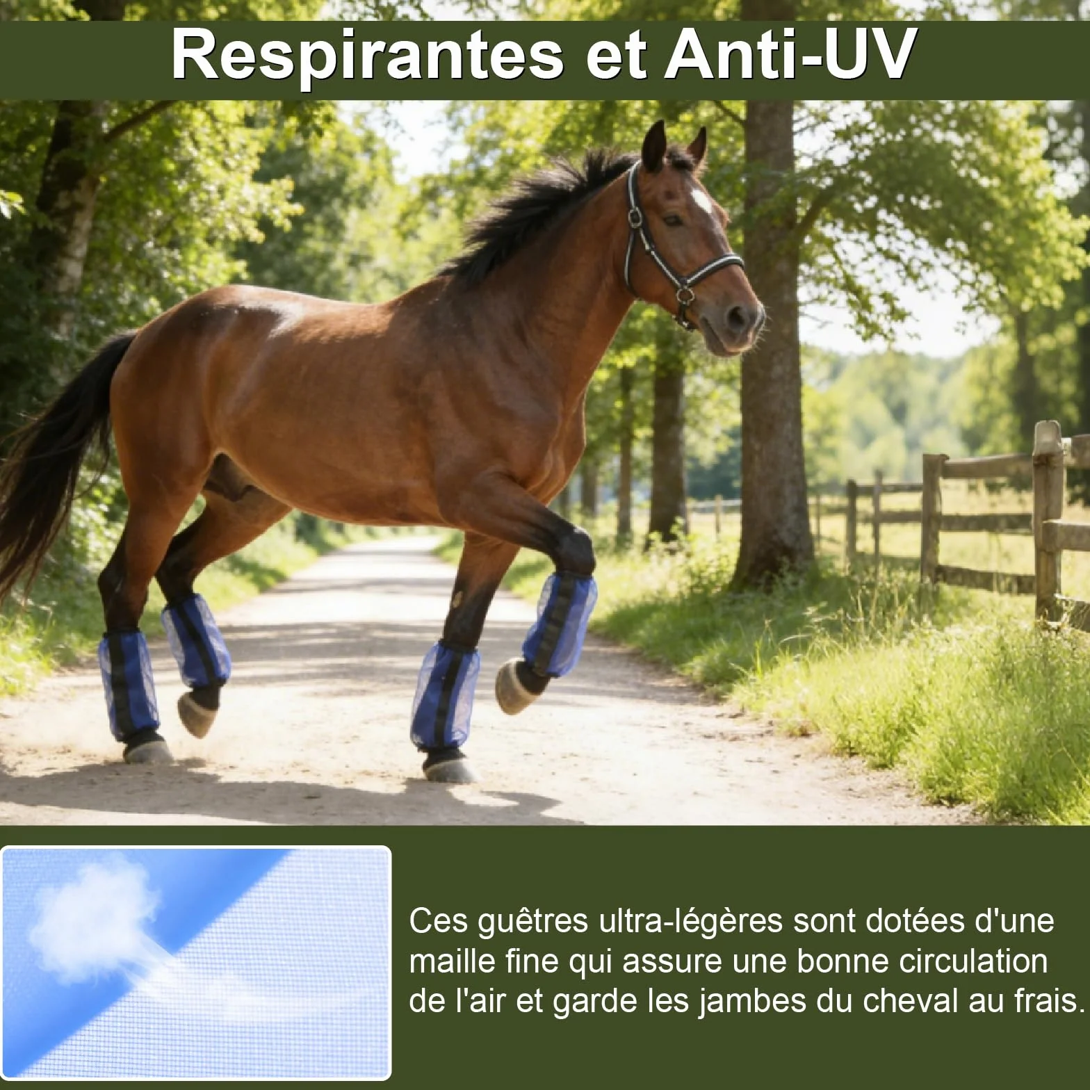 Guêtres pour Chevaux Lot de 4, Maille Ultra Légère Respirante, Antidérapantes, Bleu Royal