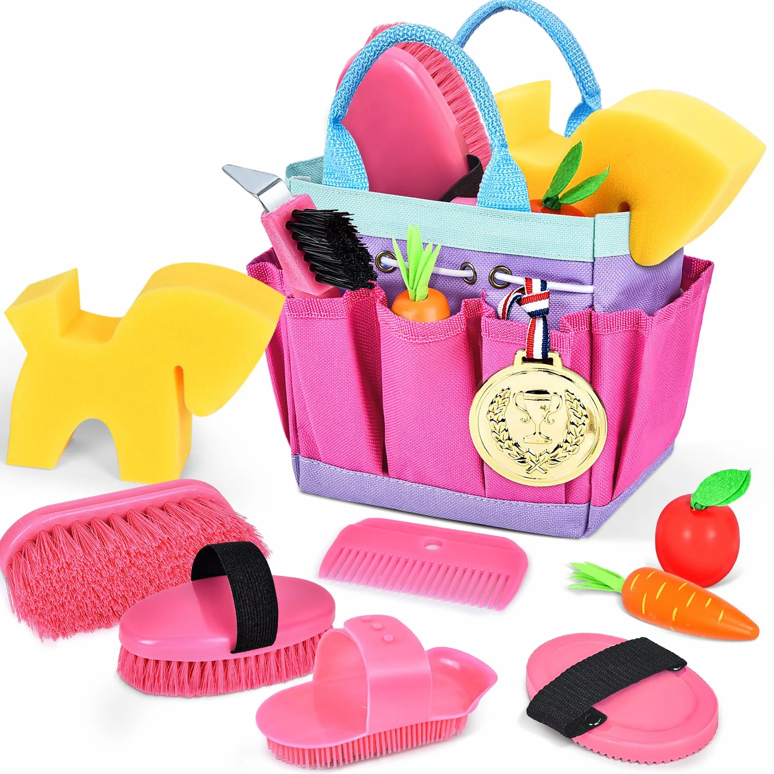 Set de Pansage Cheval Jouet Accessoires Enfants avec Brosse de Massage et Grattoir à Sabot