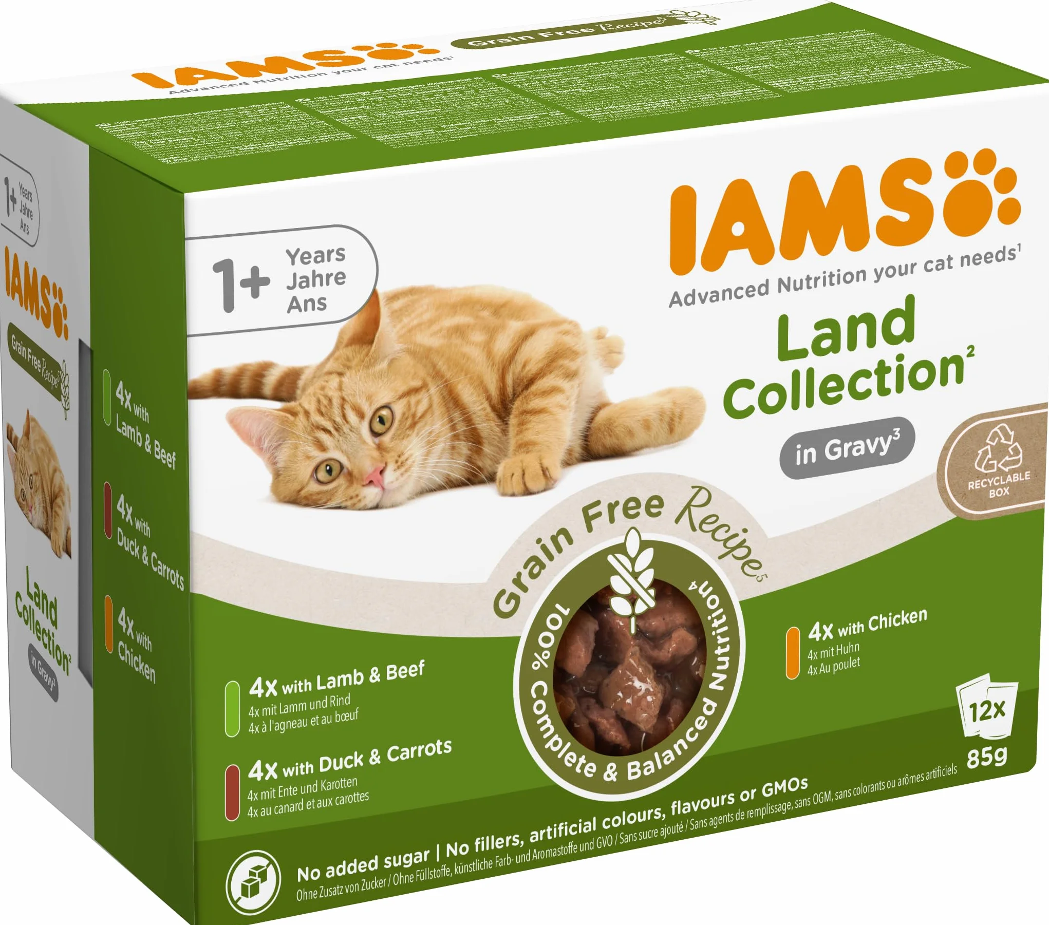 IAMS Delights Land Collection Nourriture Humide pour Chat sans céréales – Multipack avec Viande, variétés en Sauce, Nourriture Humide sans céréales pour Chats à partir de 1 an, 12 x 85 g
