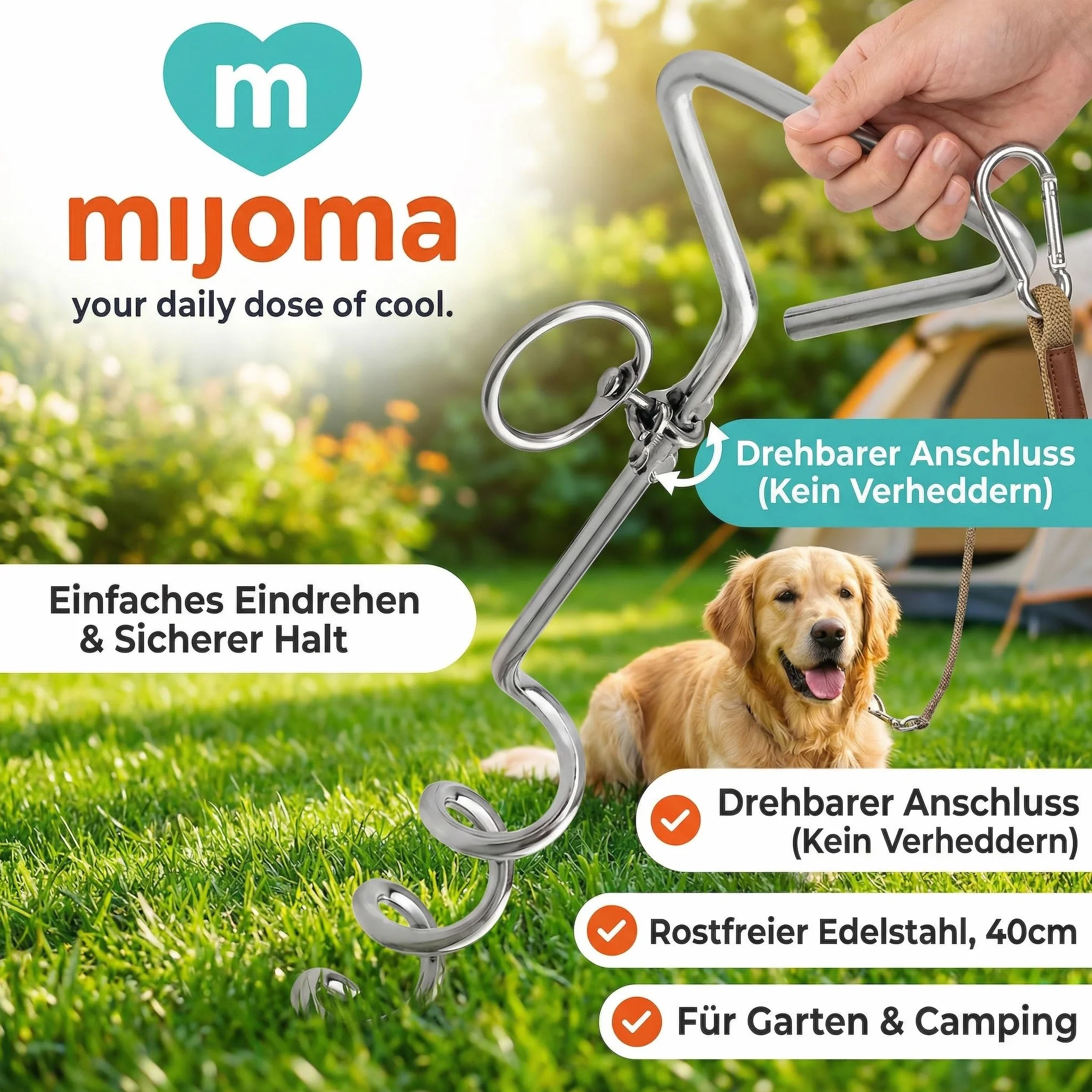 MIJOMA Spirale d'insertion pour chien - Ancrage rotatif avec mousqueton - Acier inoxydable - Ancrage au sol - Jardin Camping