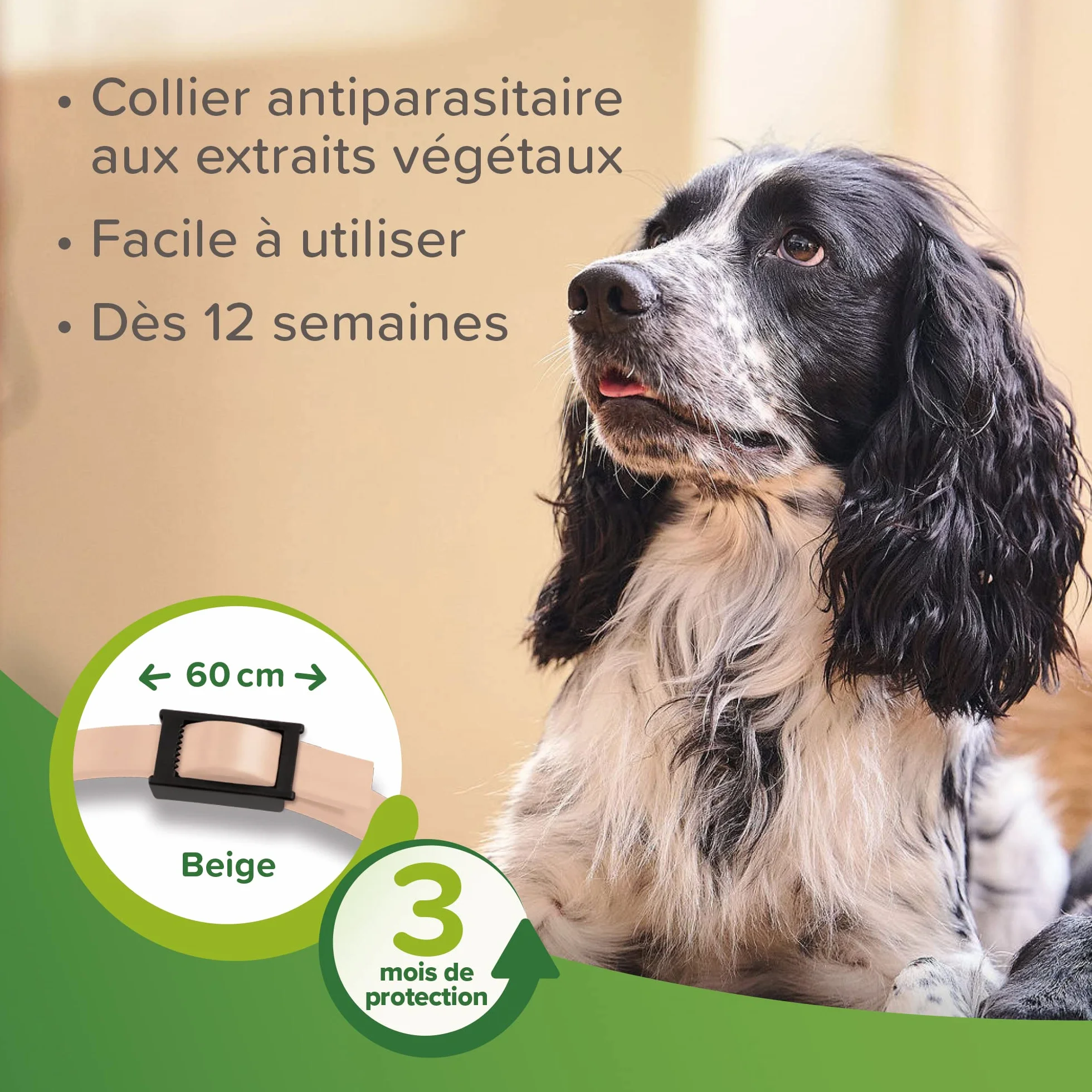 BEAPHAR – VETOPURE – Collier répulsif antiparasitaire pour Chien et Chiot – Aux extraits de Margosa & de Lavandin – Contre Les puces; tiques et moustiques – Protection 3 Mois – Collier Beige de 60cm