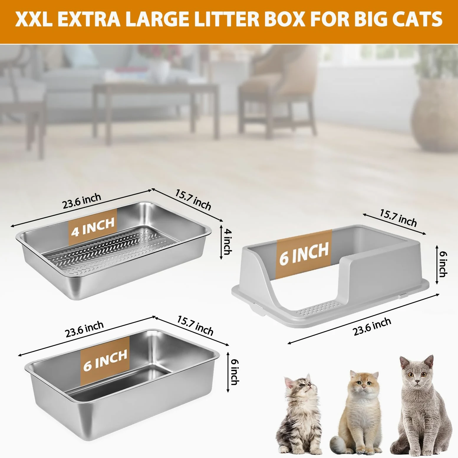 Homegroove Litière pour chat en acier inoxydable pour granulés de pin - 60 x 40 x 15 cm - Bord haut - Litière en métal avec couvercle - Pelle en plastique et 10 tampons d'urine (15,2 cm)