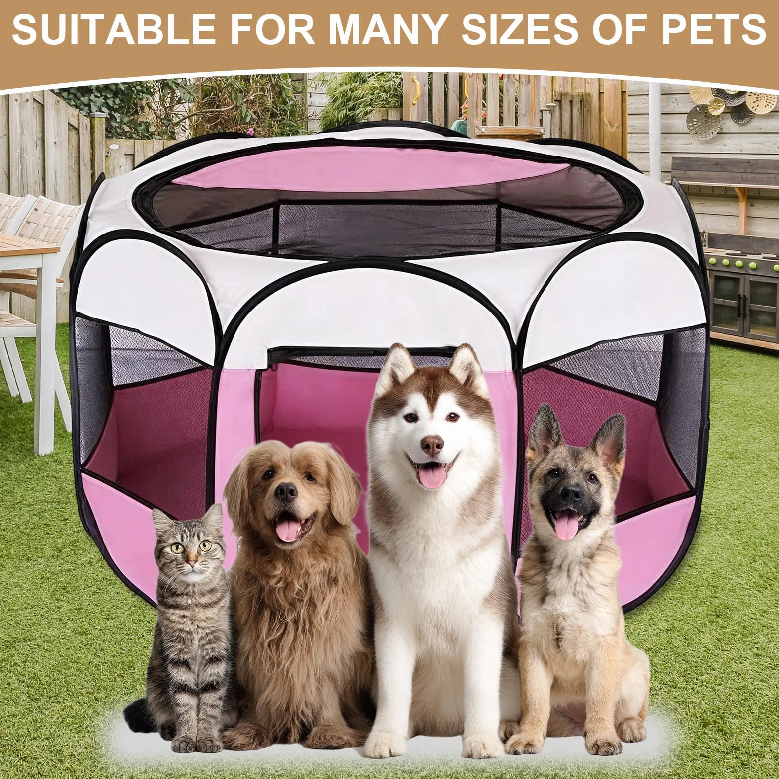 Parc pour Chien Portable Tente Respirante Intérieur Extérieur 74 x 74 x 43 cm Rose
