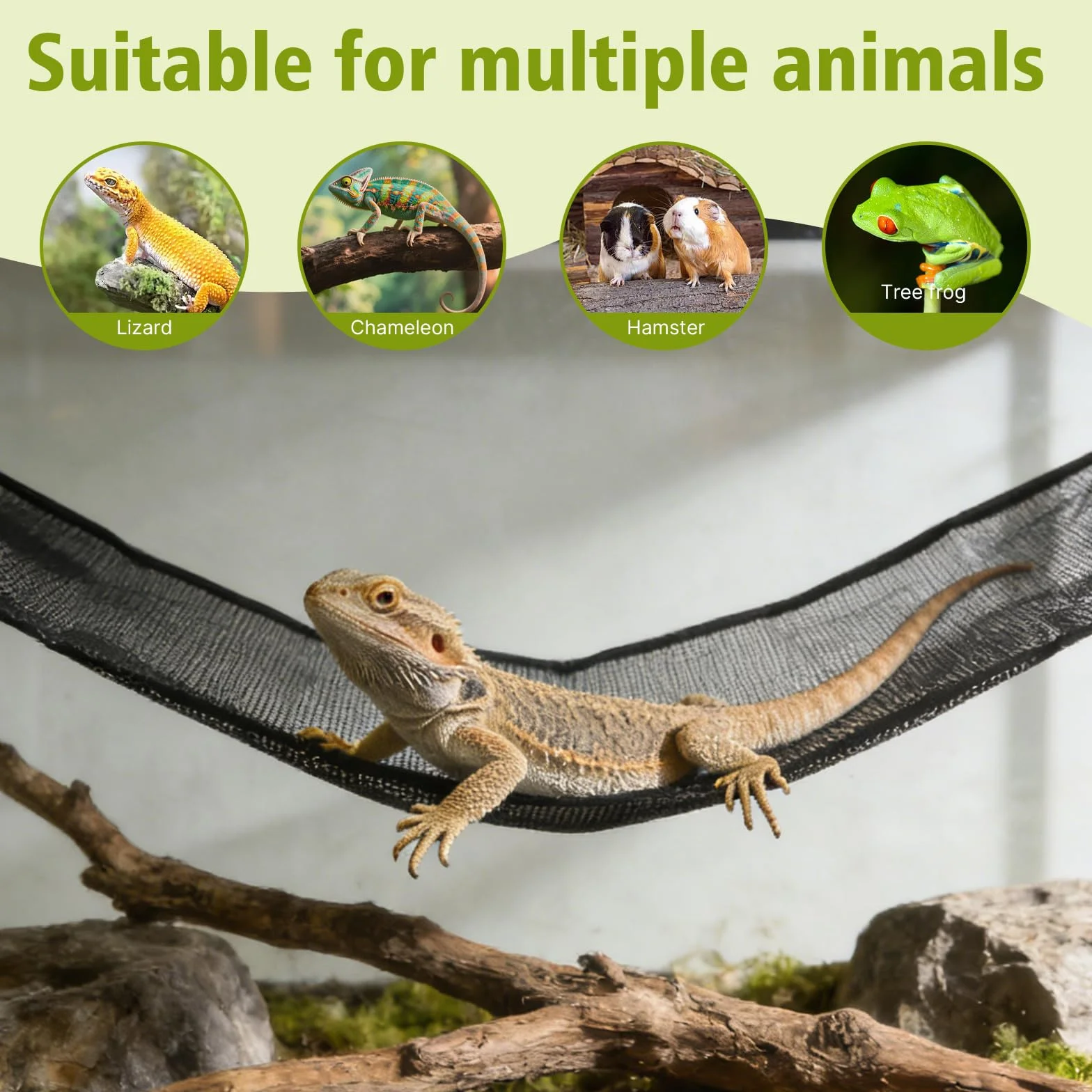 Lot de 2 grands hamacs en forme de dragon barbu (1 rectangle + 1 triangle), accessoires pour aquarium de reptiles avec ventouses puissantes, lit de salon pour lézards, serpents, geckos et petits
