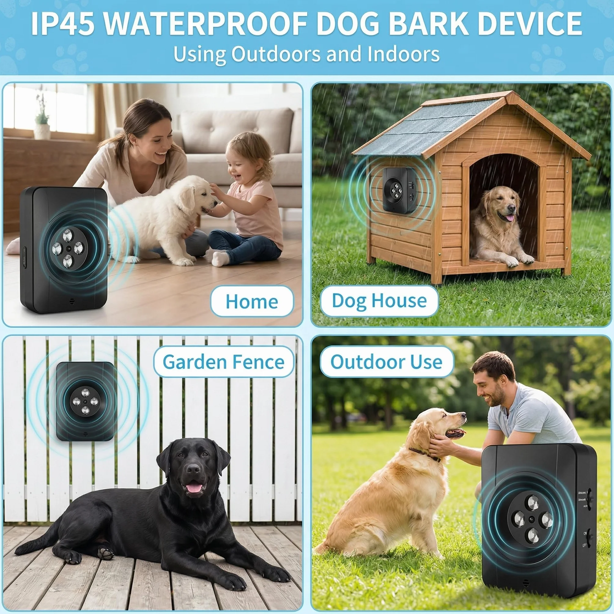 Anti Aboiement pour Chien Ultrasons 33FT avec 3 Modes, Dispositif Anti Aboiement pour Chien Noir
