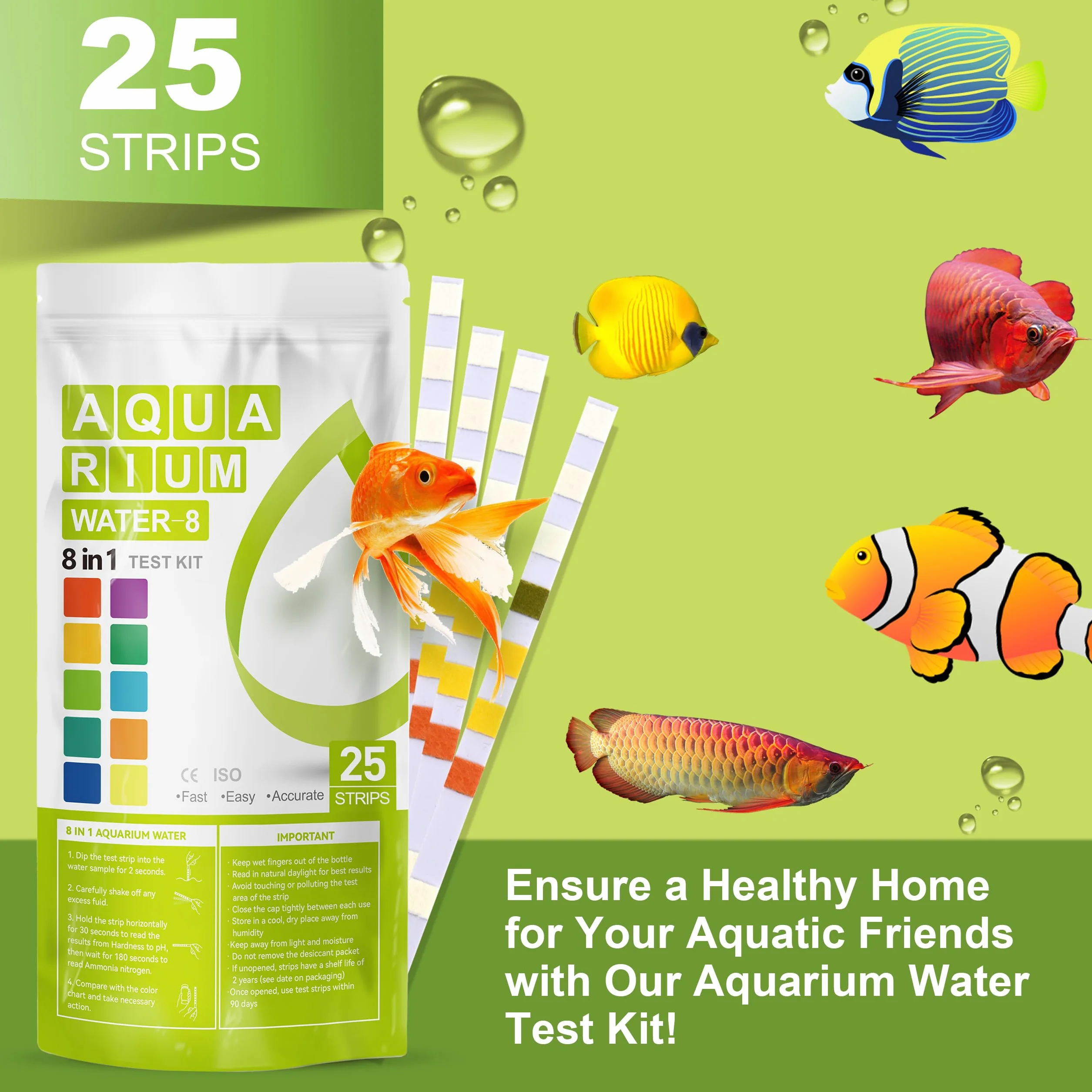 AAWipes Lot de 25 bandelettes de test d'ammoniaque pour aquarium, test rapide et précis, pH, carbonate, alcalinité, dureté, chlore, nitrite