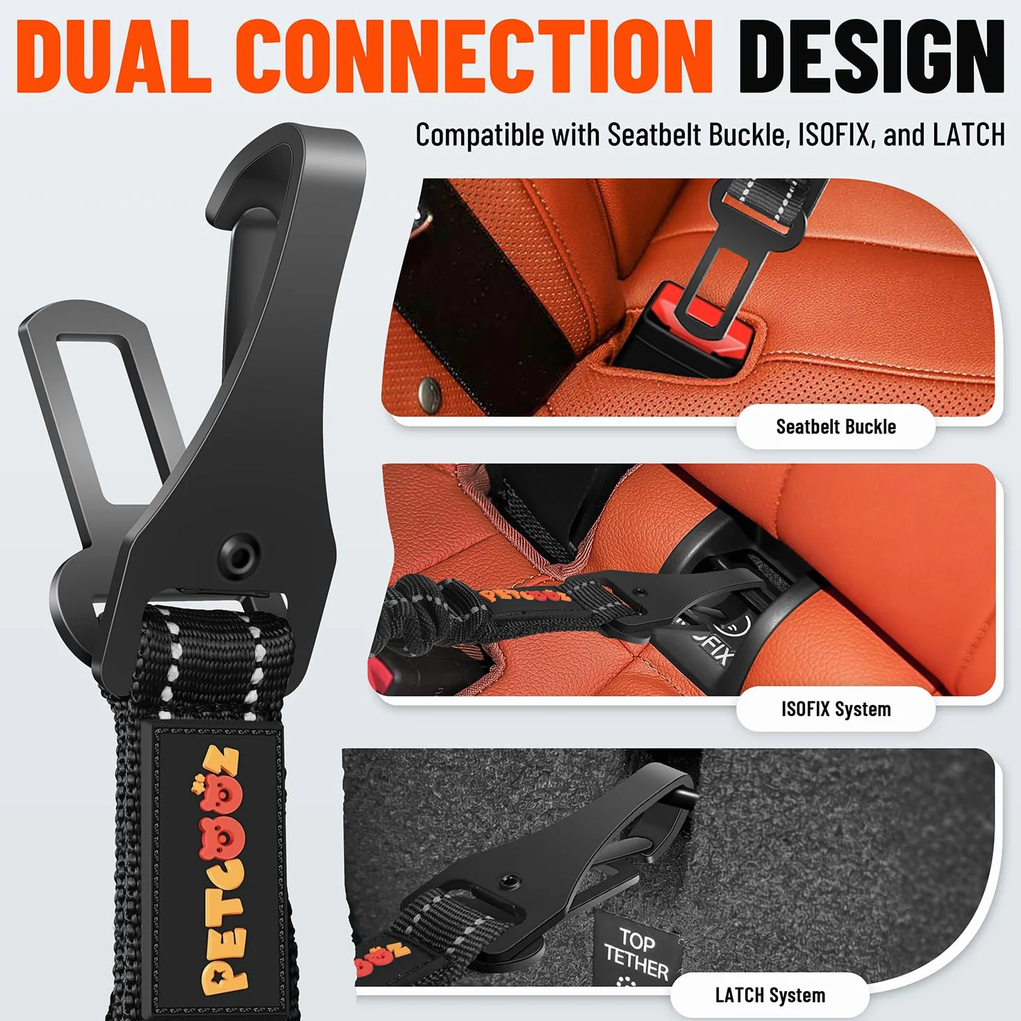 Ceinture Chien Voiture 3 en 1, Ceinture de Sécurité Chien Réglable 58-92 cm avec Système Latch et ISOFIX, Absorption des Chocs, Mousqueton Rotatif 360°, Harnais Voiture pour Toutes Les Races