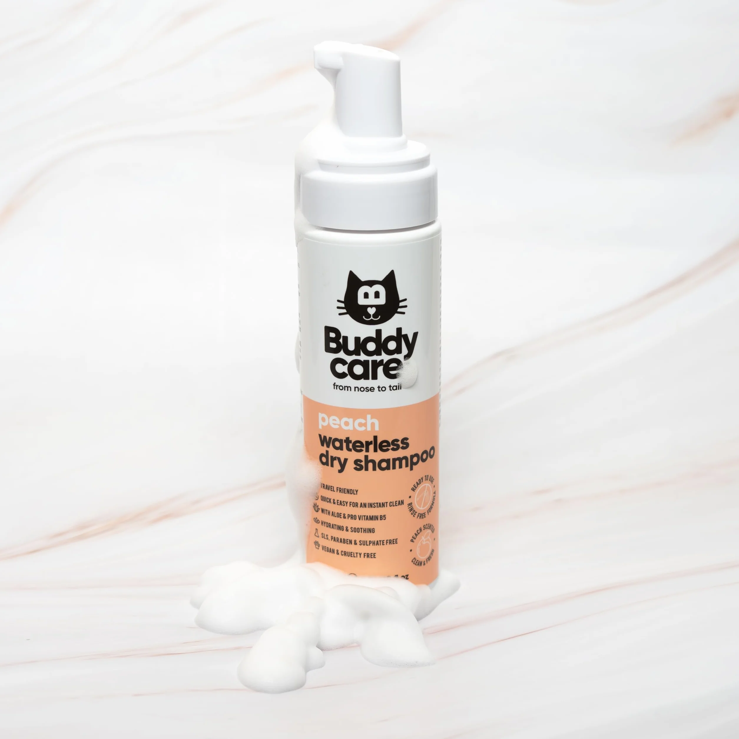 Buddycare Shampooing Sec sans Rinçage pour Chat à la Pêche 200ml avec Aloe Vera et Pro-Vitamine B5