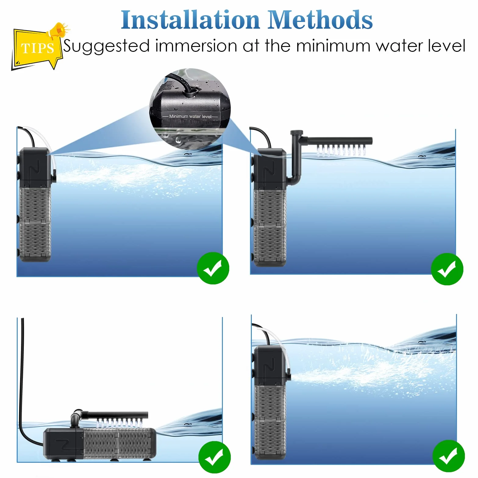AQQA Filtre Aquarium Réglable 800L/H Pompe Aquarium Intérieur Ultra-Silencieux 9W