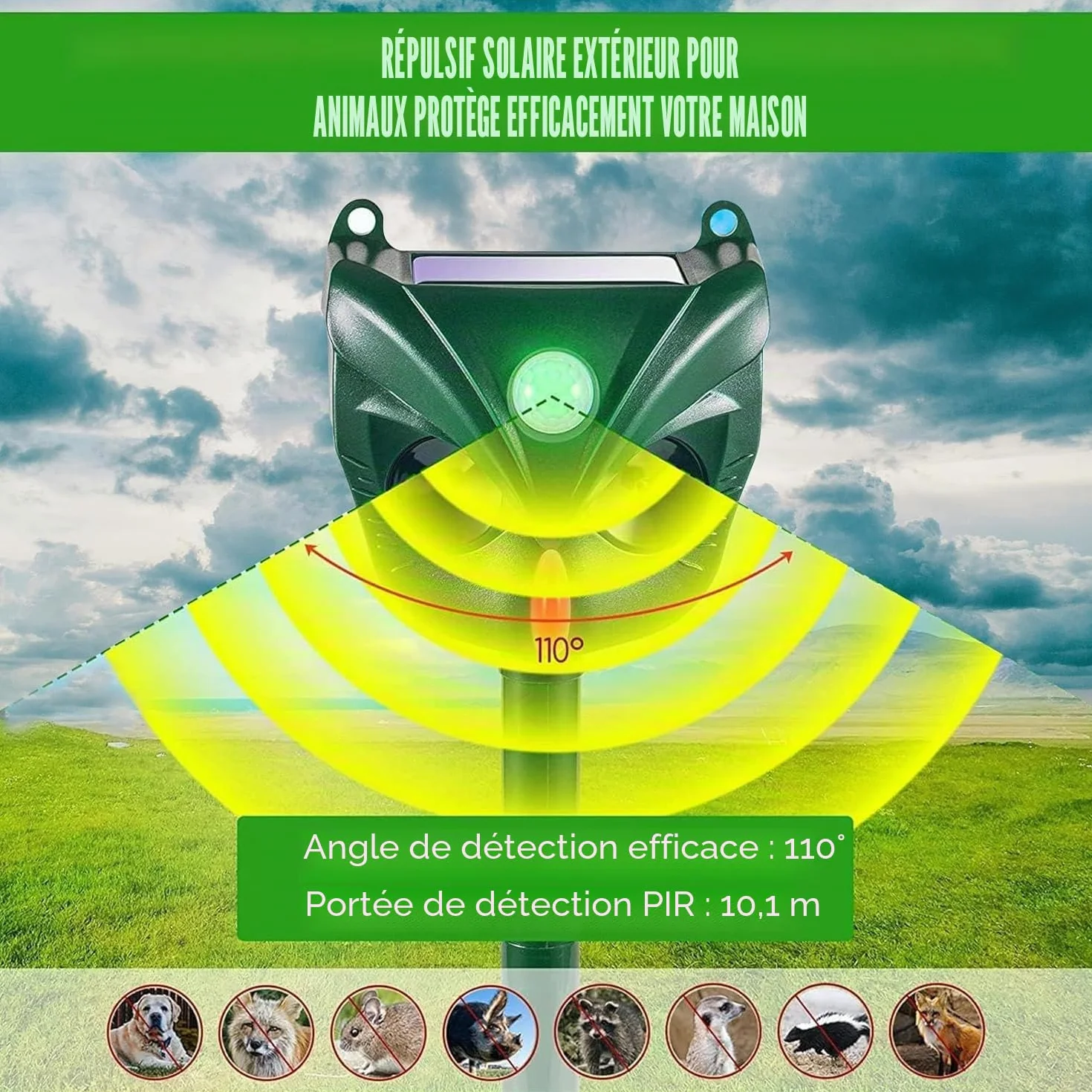 Répulsif à ultrasons pour chat, 5 modes, solaire et rechargeable, dissuasif pour cerf, chien, lapin, mouffette, oiseau pour jardin extérieur (RC546)