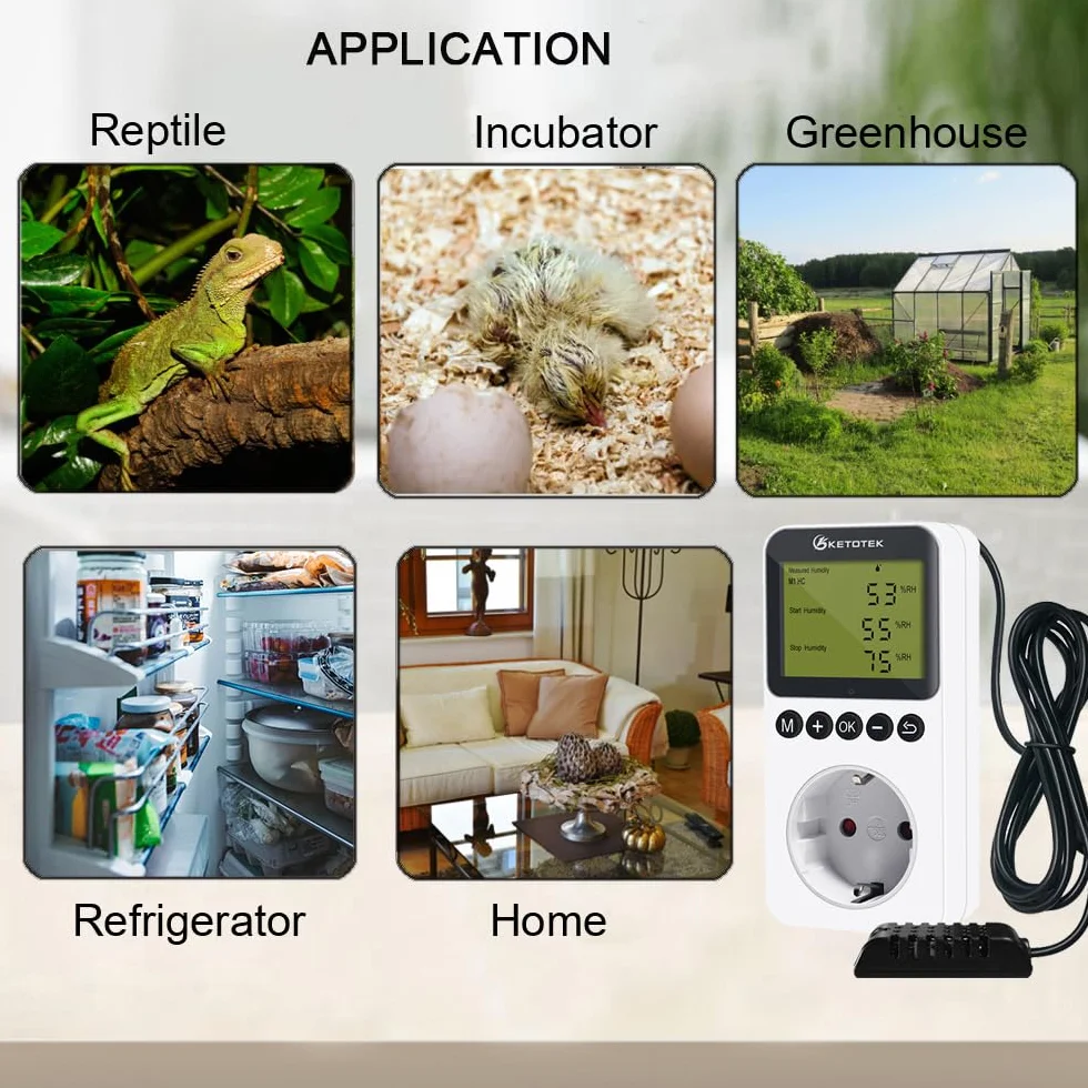KETOTEK Prise Hygrostat Numérique avec Sonde, Contrôleur Humidité 220V pour Terrarium Reptile Couveuse Incubateur