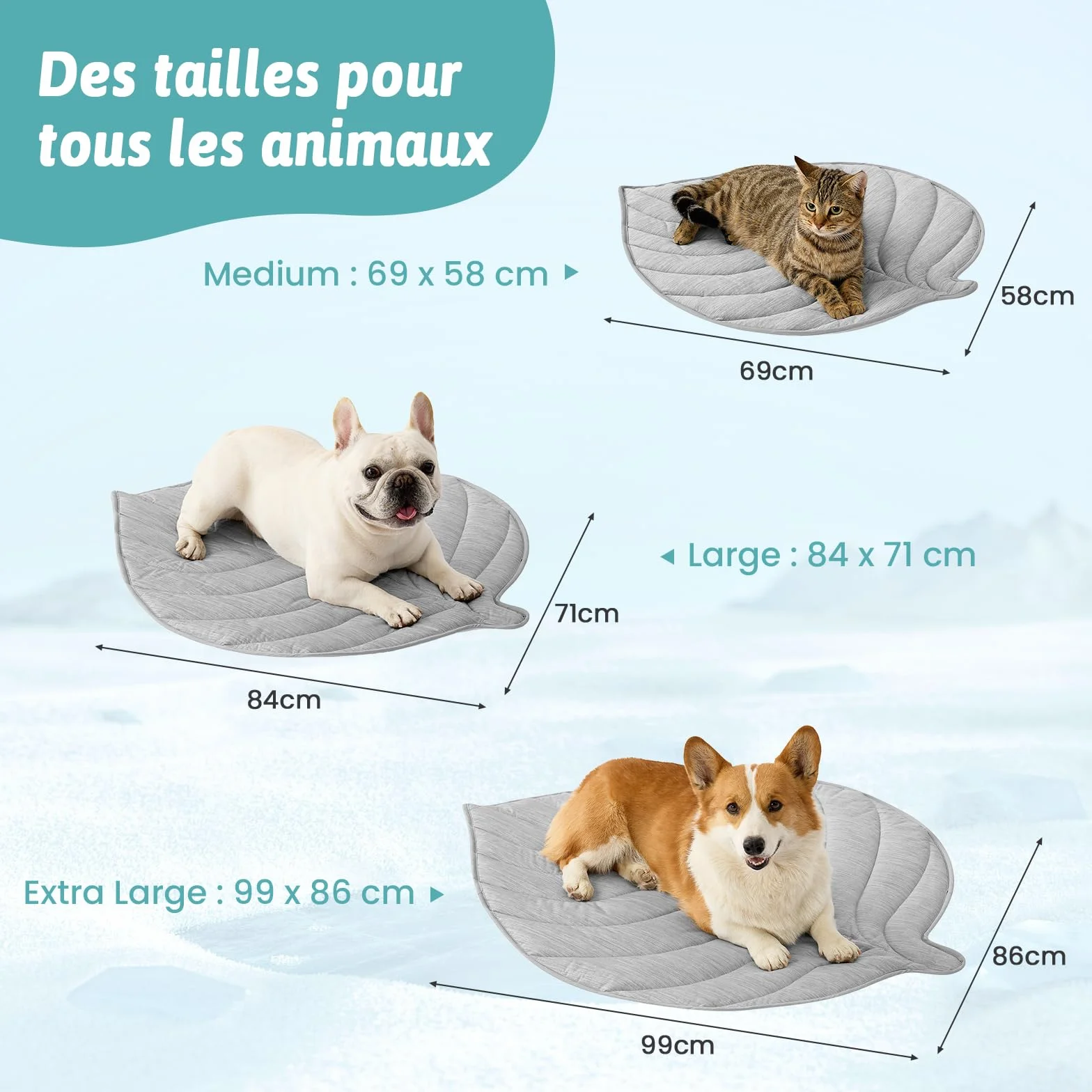 COZY KISS Coussin Rafraîchissant Chiens Chats 99x86cm, Tapis Refroidissement en Tissu sans Gel Q-Max>0.4, Auto-refroidissant, Imperméable Antidérapant Lavable, Forme Feuille, Gris
