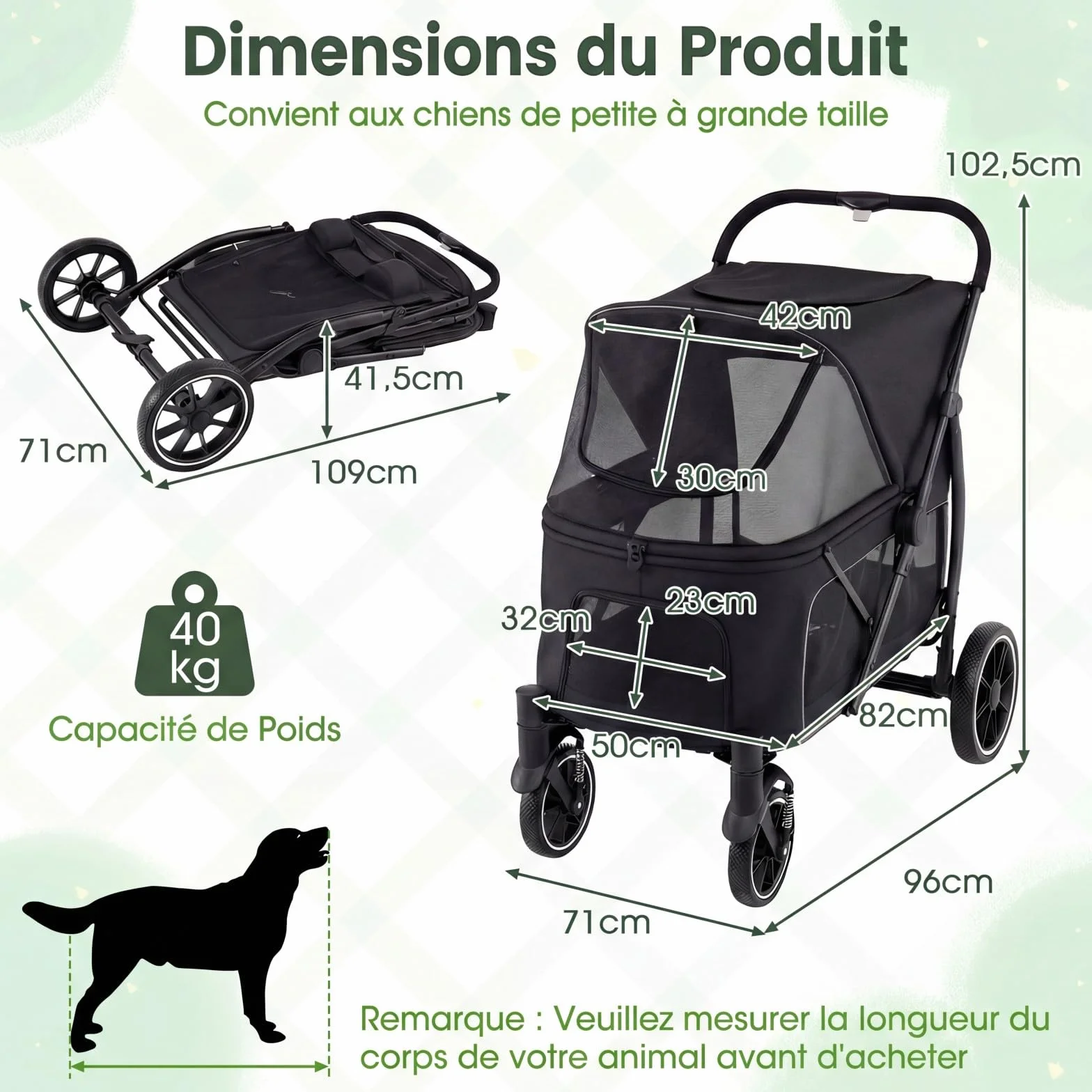 COSTWAY Chariot pour Chien Chat Pliable, Charge 40 kg, Grand Entrée Basse, Noir