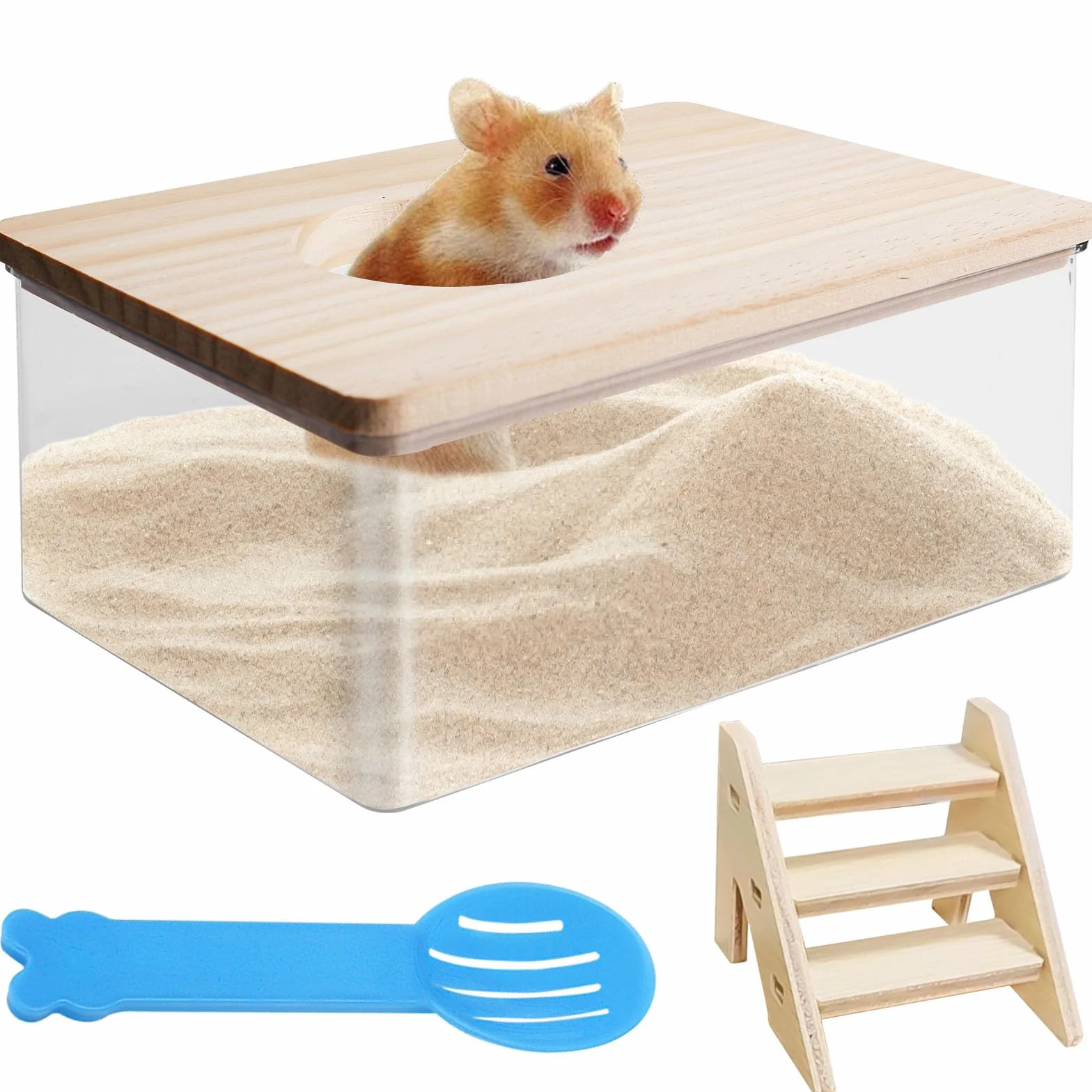 Hamster Salle de bain de sable transparent avec échelle et pelle, carré