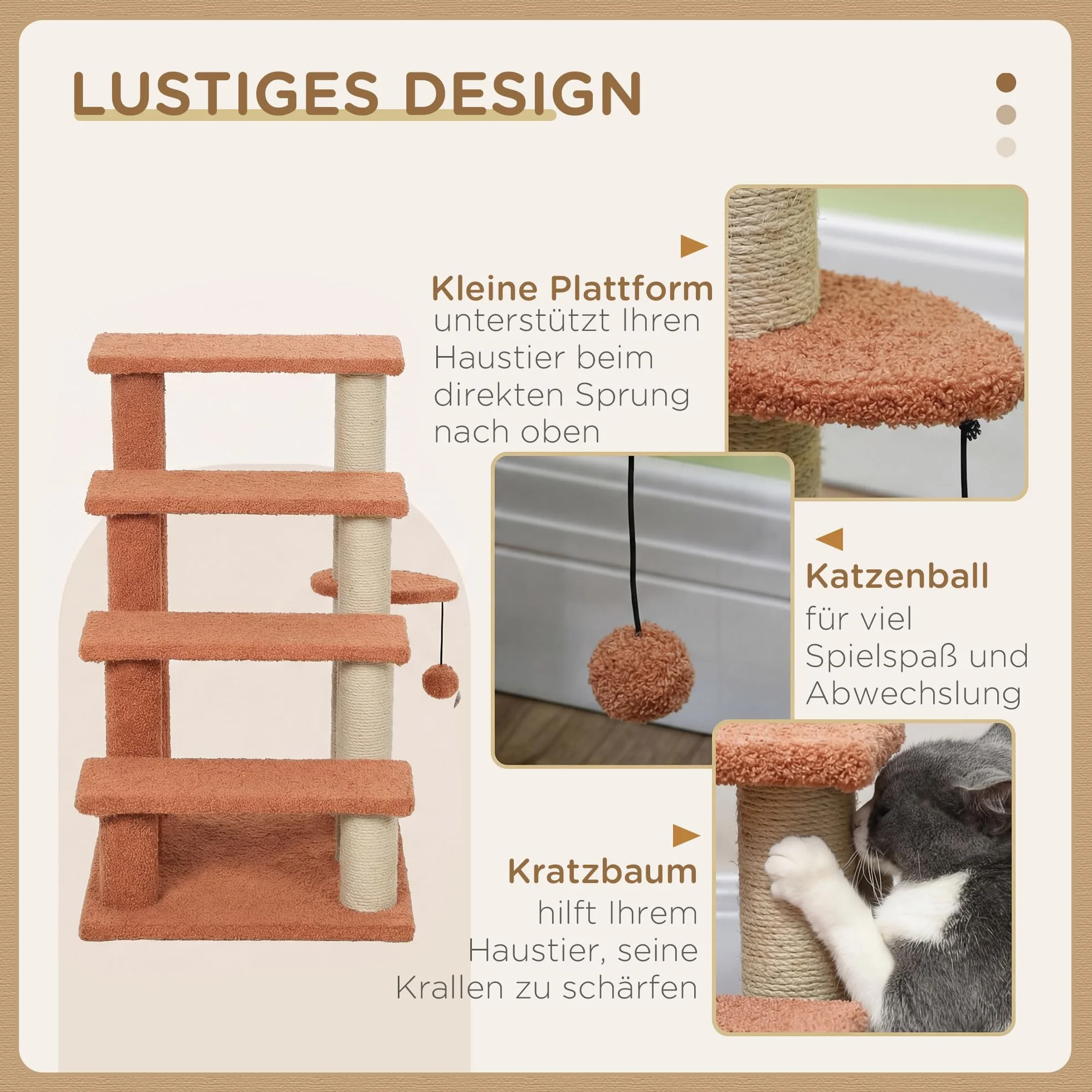 PawHut Escalier pour chats 4 marches avec griffoir balle de jeu pour animaux jusqu'à 5 kg marron 60 x 40