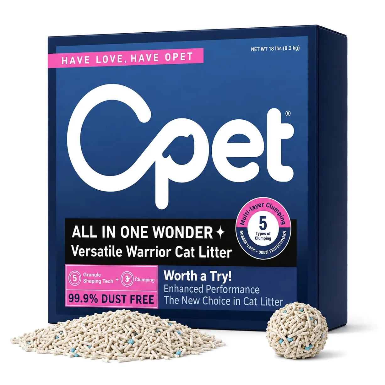 OPET Litière pour chat au tofu mixte – Litière agglomérante forte, tofu mélangé et bentonite, 99,9 % sans poussière et jetable, ingrédients naturels durables, contrôle des odeurs, faible suivi (8,2 kg