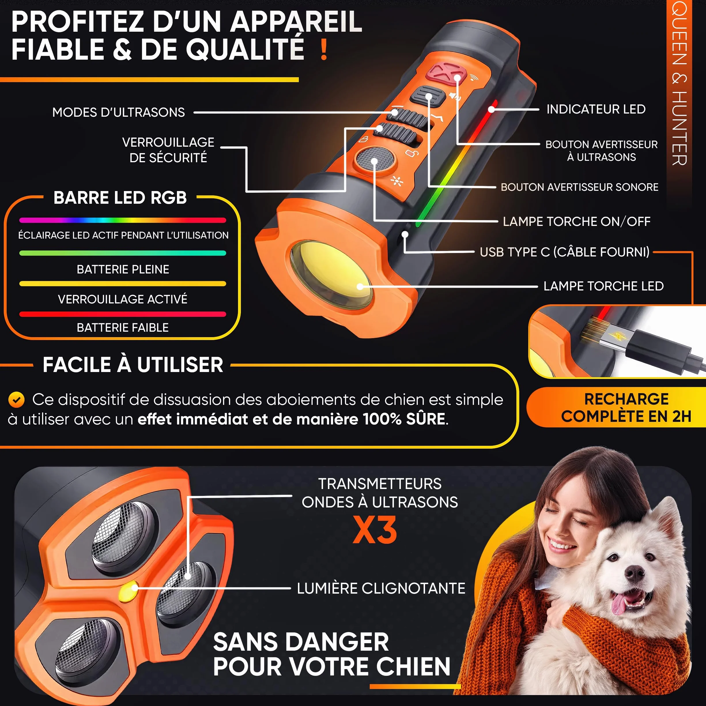 Anti Aboiement Chien Ultrason Dispositif Dressage sans Collier Électrique Portatif pour Petit et Grand Chiens