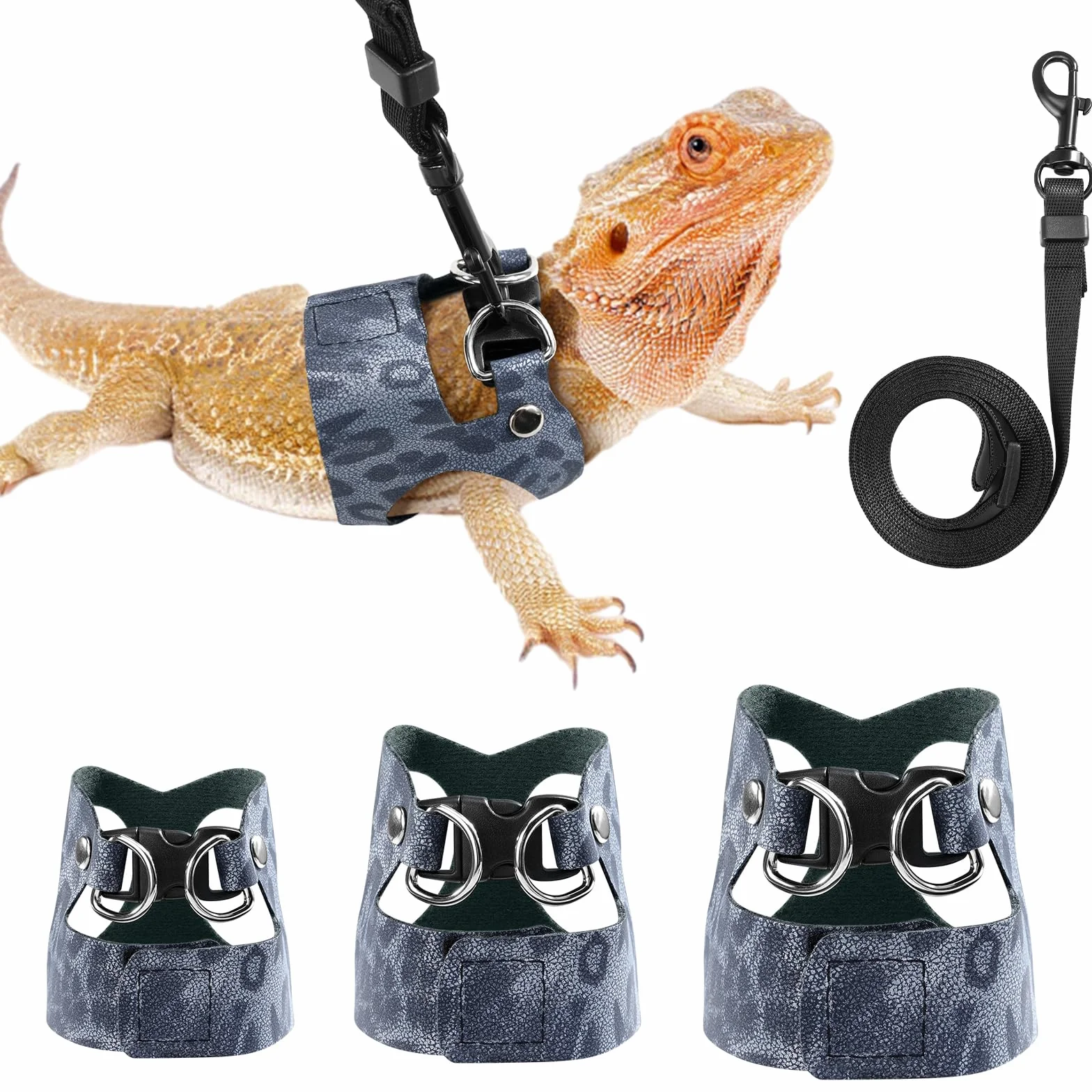 Pawaboo 3 Pack Harnais de Dragon Bardu Laisse Réglable de Lézard, Harnais de Reptile, S&M&L, Bleu Poussière