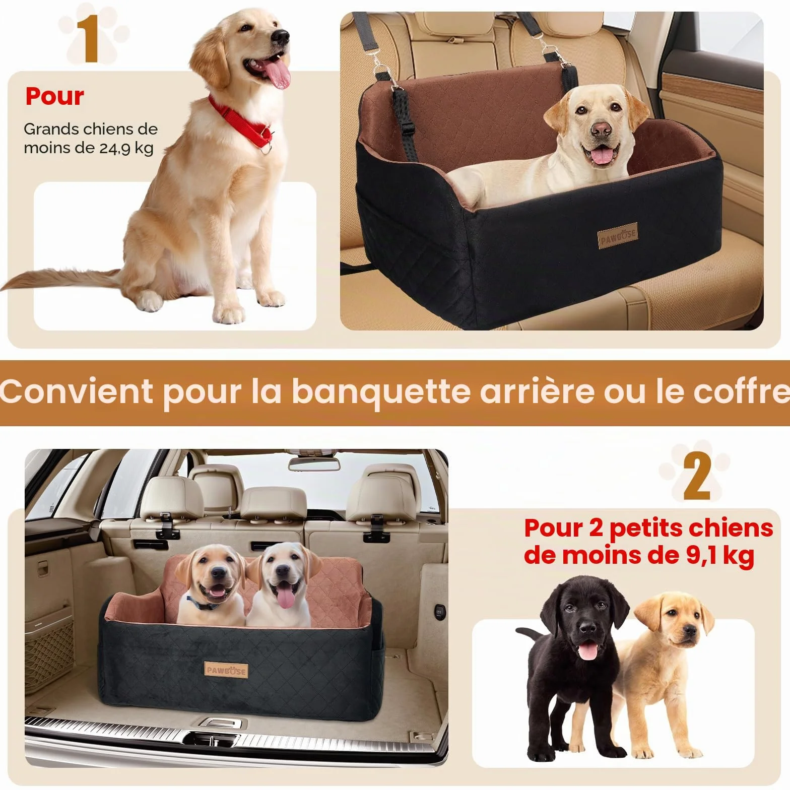 PAWBOSE Siège auto pour chien taille moyenne/grande moins 25 kg 2 petits chiens rembourrage tissu doux mousse mémoire forme amovible