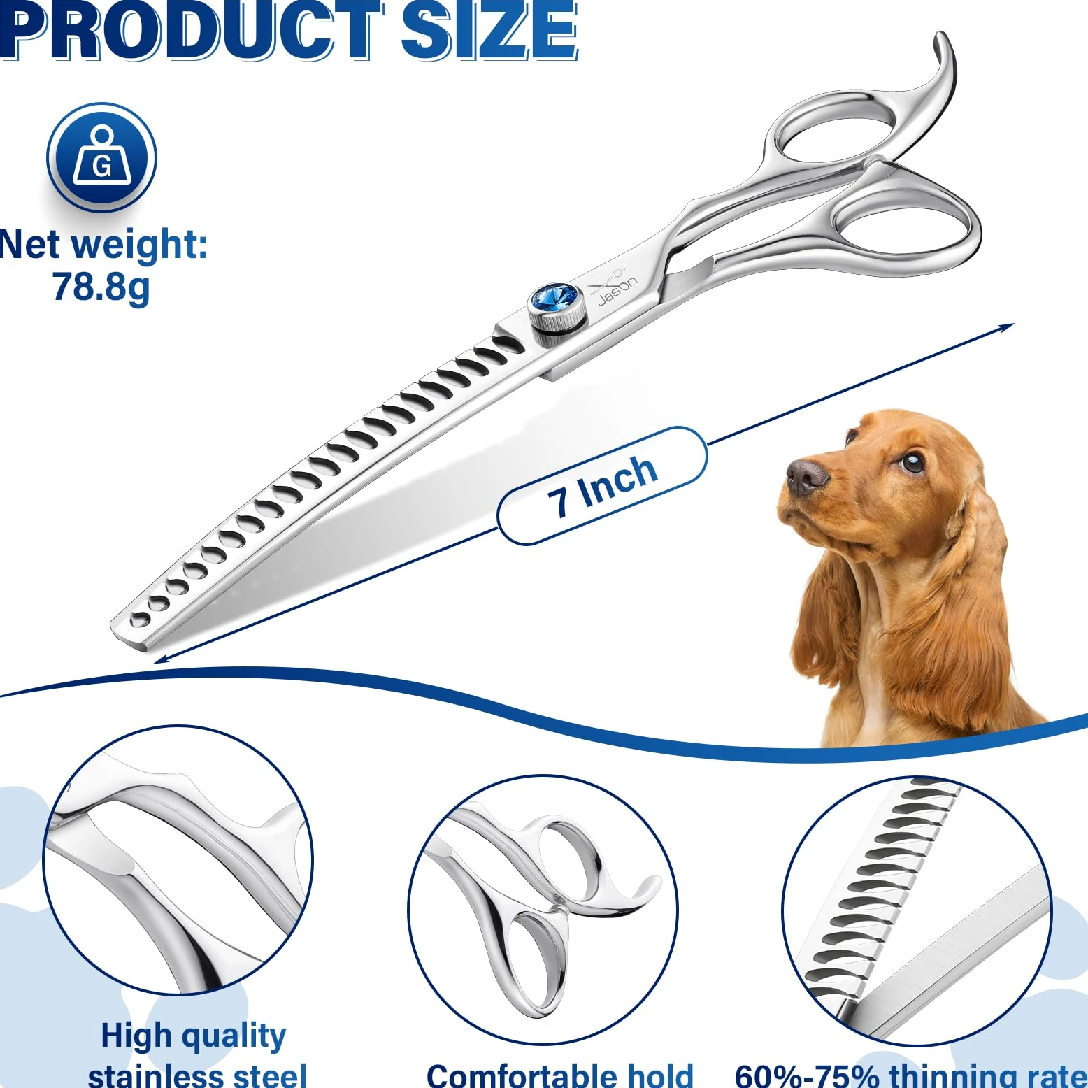 JASON Ciseaux de toilettage incurvés pour chien – 17,8 cm – Argent – Acier inoxydable 440C – Ciseaux professionnels pour toiletteur