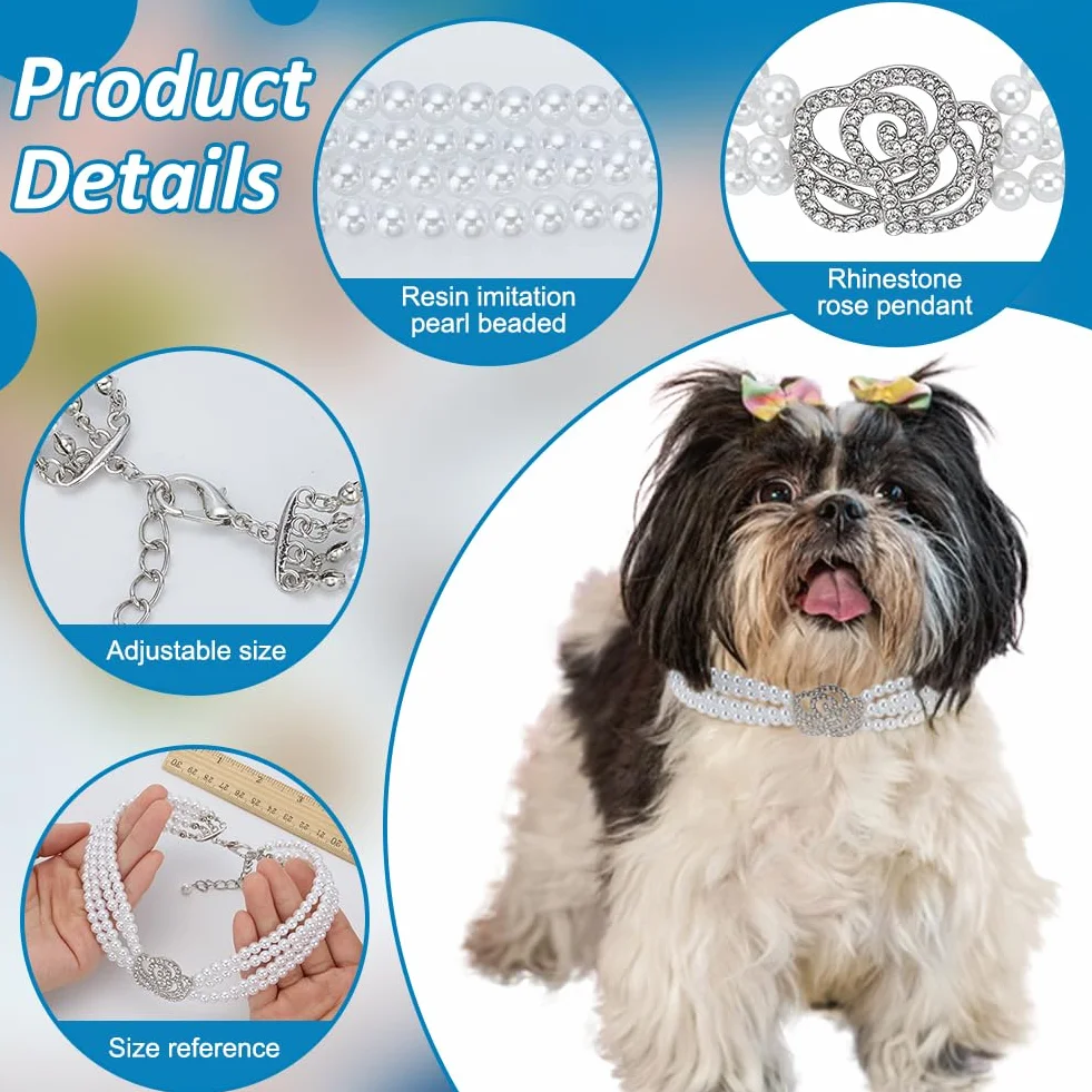 FINGERINSPIRE Collier pour Animaux de Compagnie Perles Réglable Chien Chat Strass Fleur Rose Mariage Petits Chiens Blanc