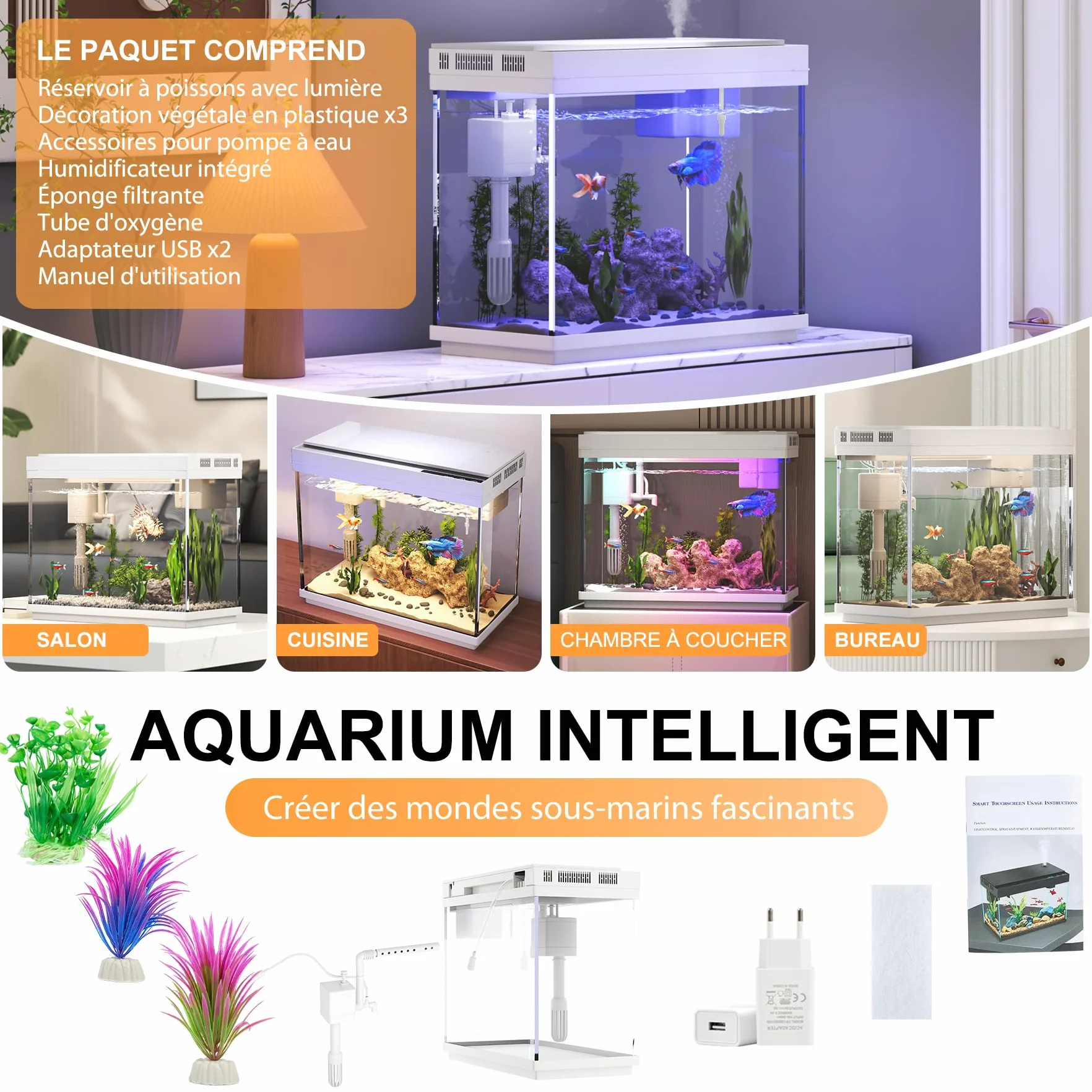 Aquarium 9L avec Humidificateur Intelligent 3 en 1, Affichage Température, Éclairage 7 Couleurs, Écran UHD