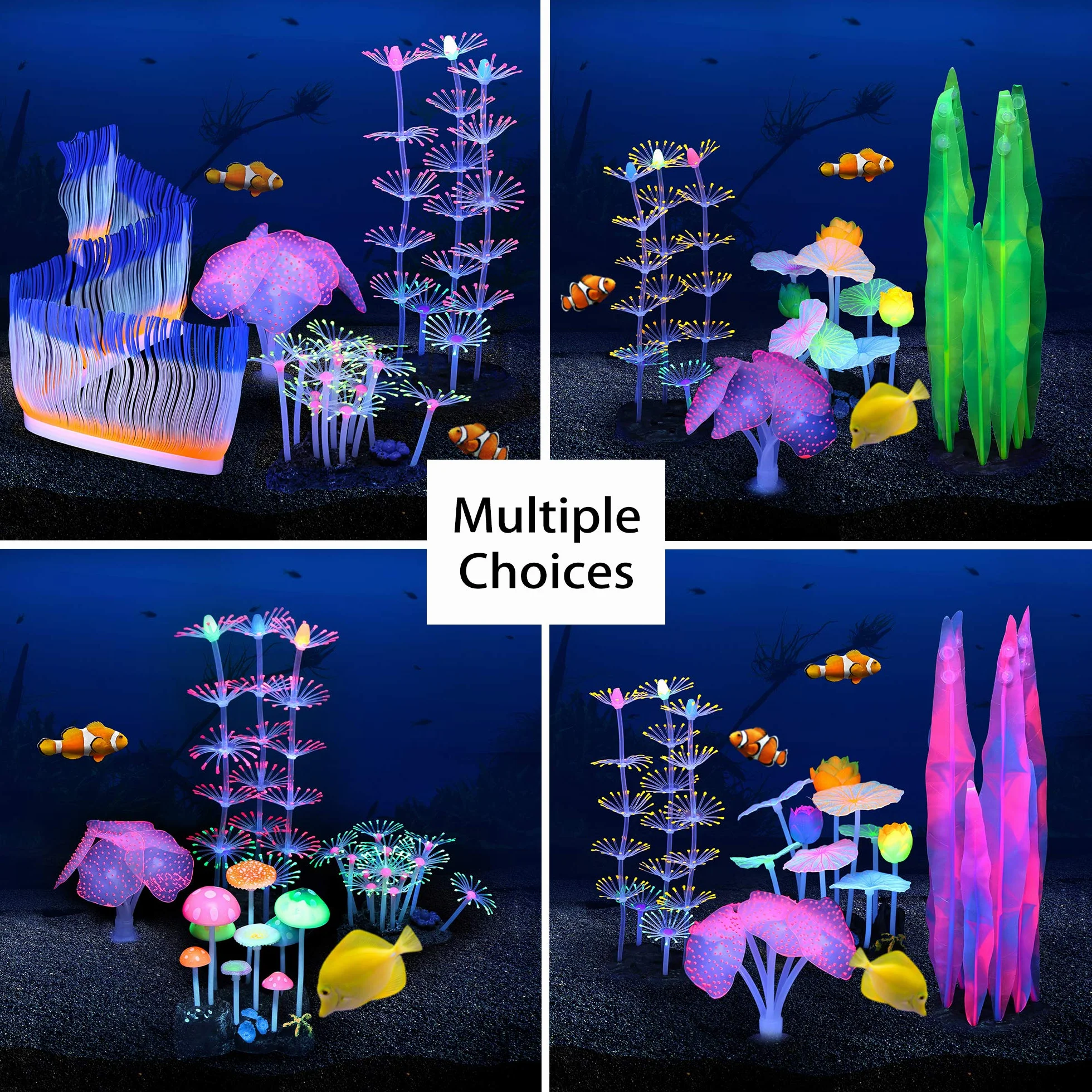 Lot de 4 plantes lumineuses pour aquarium corail lotus varech anémone