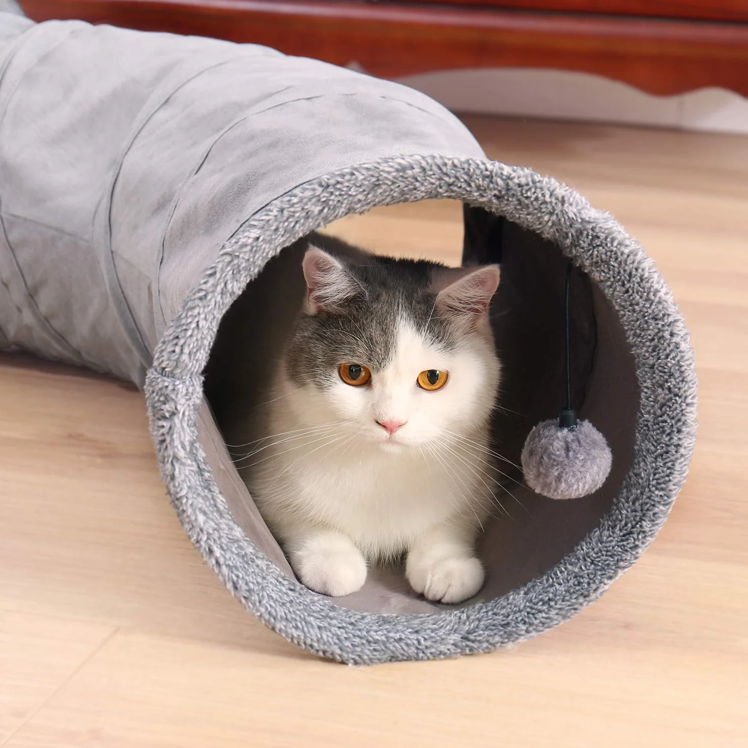 OHANA S Forme Jouet Tunnel pour Chat en Daim, Grand Tunnel a Chat Pliable avec 2 Trous et Boule Suspendue pour Chats Chatons Lapins Dia27 * 117cm