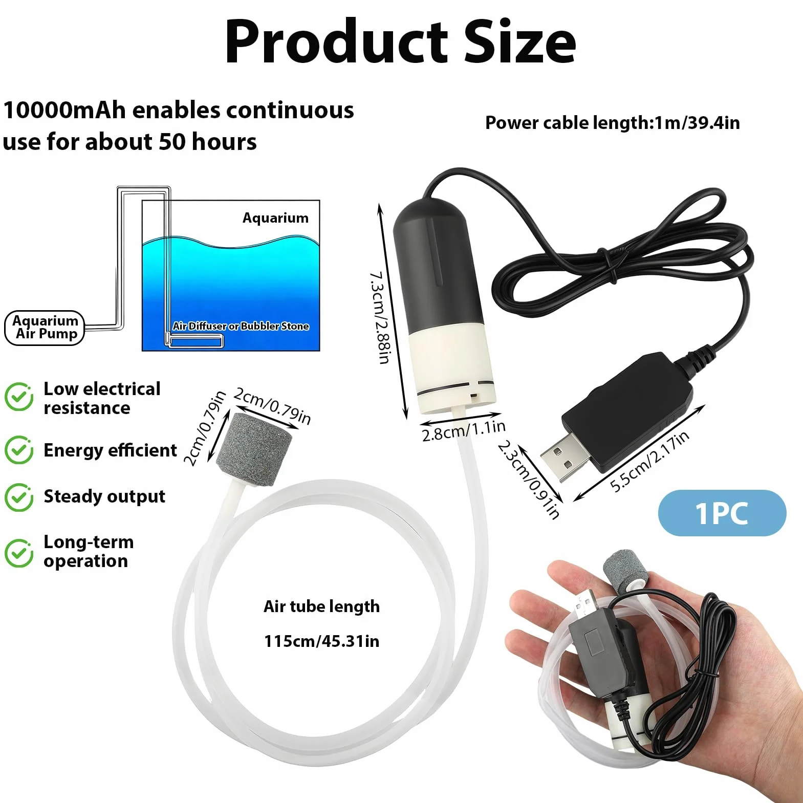 Mini Pompe à Air Aquarium USB Silencieuse Économe Portable pour Petit Aquarium