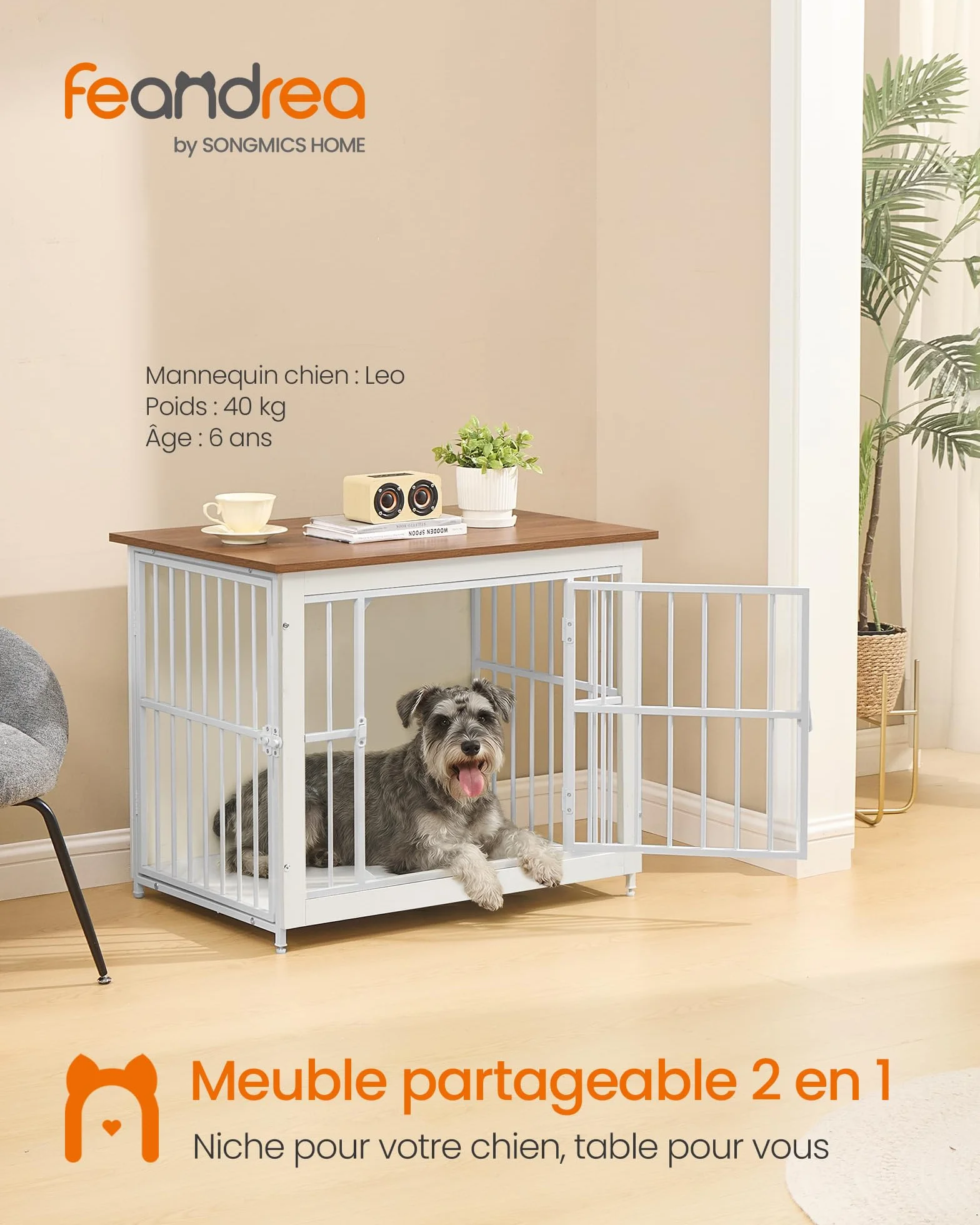 Feandrea Meuble Cage pour Chien Table d'Appoint Fond Plein 2 Portes 82x55x64 cm pour Chiens Jusqu'à 20 kg Blanc Nuage Marron Miel