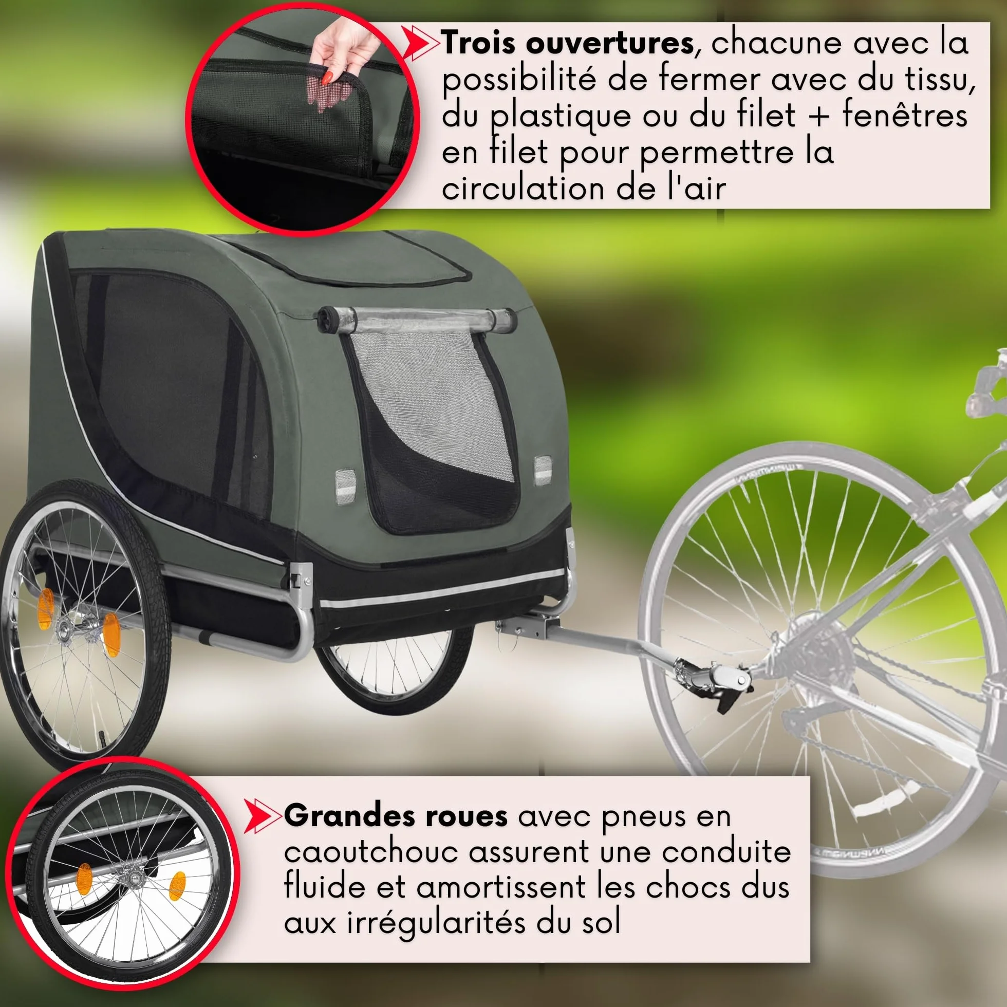 SPRINGOS Remorque de vélo pour chiens jusqu'à 40 kg avec drapeau