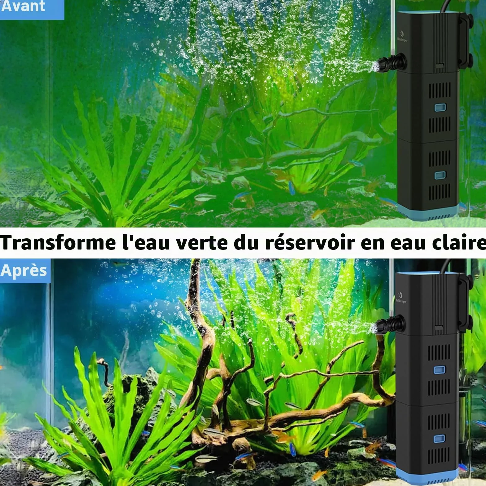 fishkeeper Filtre d'aquarium intérieur réglable 500L/H 6W 4 en 1 Pompe oxygène Machine à Ondes