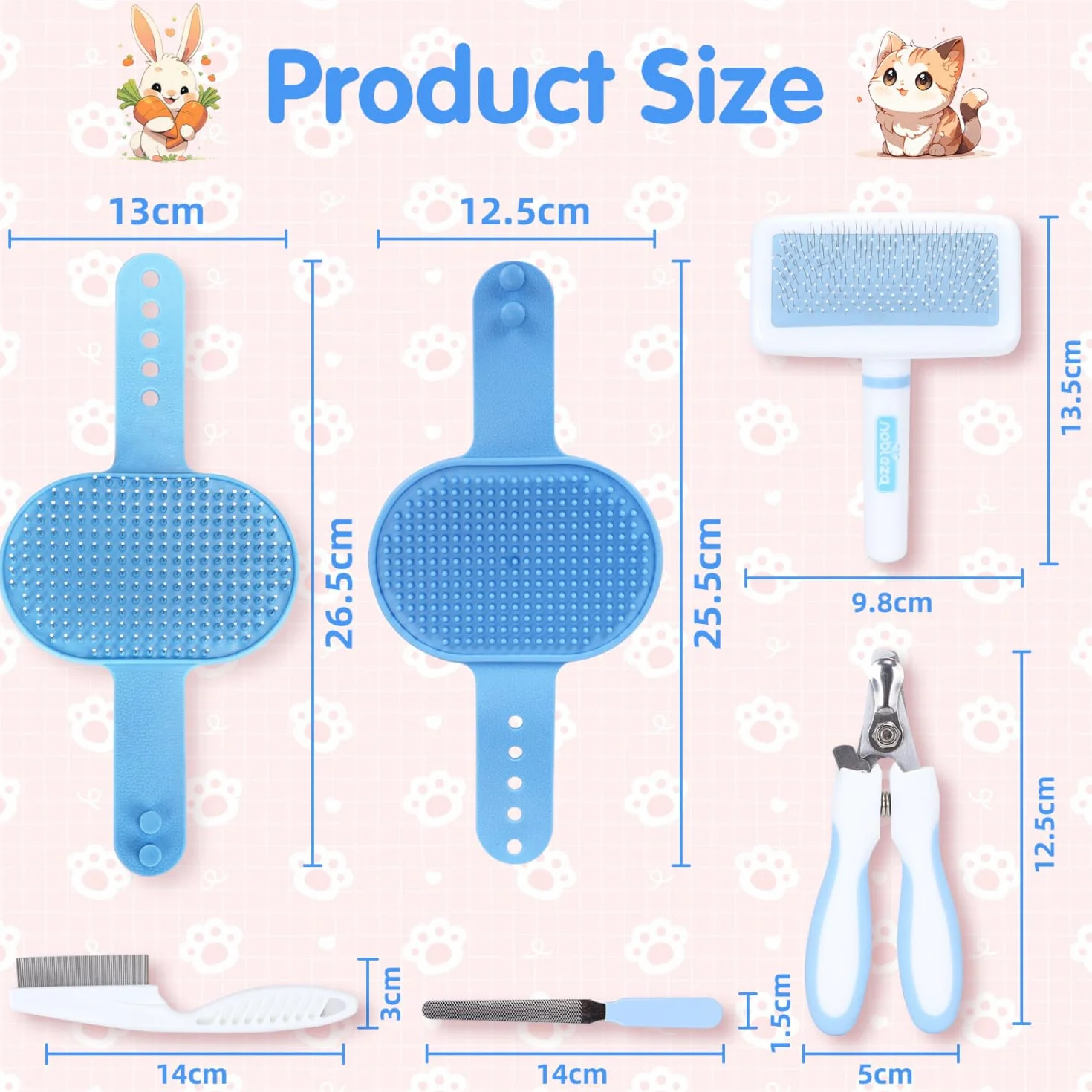 Nobleza Kit de Toilettage pour Petits Animaux 6 Pièces Brosse à Raclette Gant de Bain Peigne Hamster Bleu
