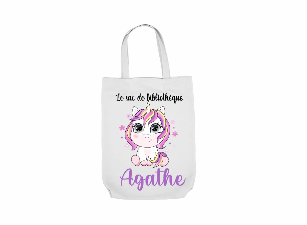 Sac enfant personnalisé bibliothèque tote bag Livres Maternelle licorne
