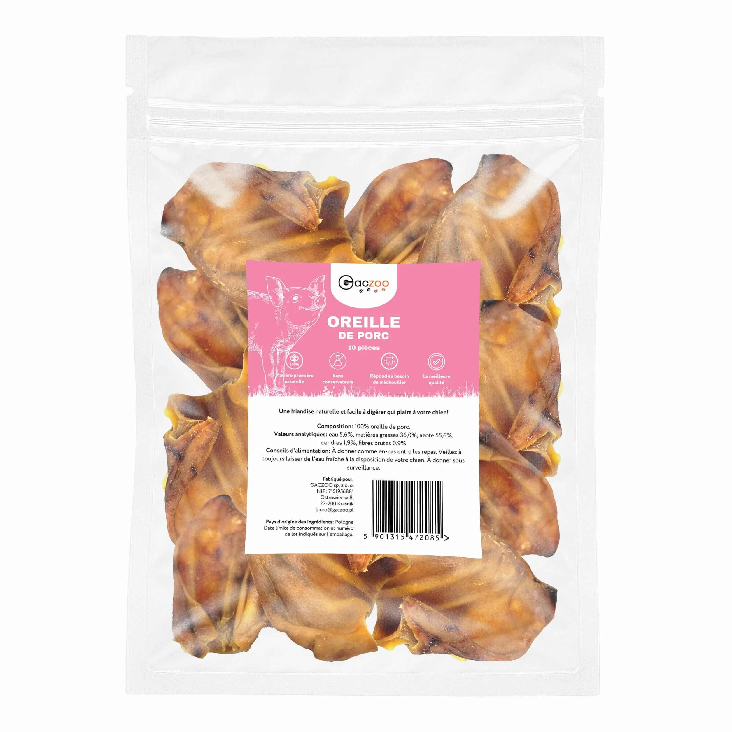 Oreilles de Porc pour Chien – Friandises pour Chien – 100% Naturels sans conservateurs ni additifs – Hygiène Dentaire, Réduction du Stress – Source collagène et protéines – 10 Pièces