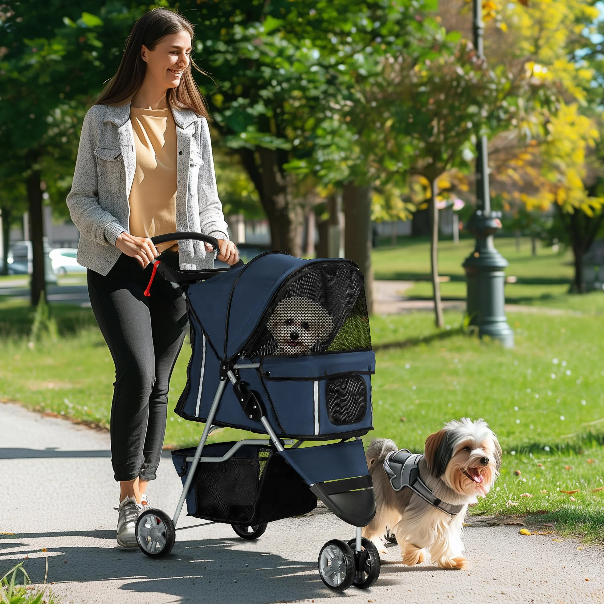 PawHut Poussette Buggy Pliable Animaux Chien Chat, Chariot Pliant avec Porte-Gobelet Panier Roues Frein, Tissu 600D Oxford, 75x45x97 cm Bleu Foncé
