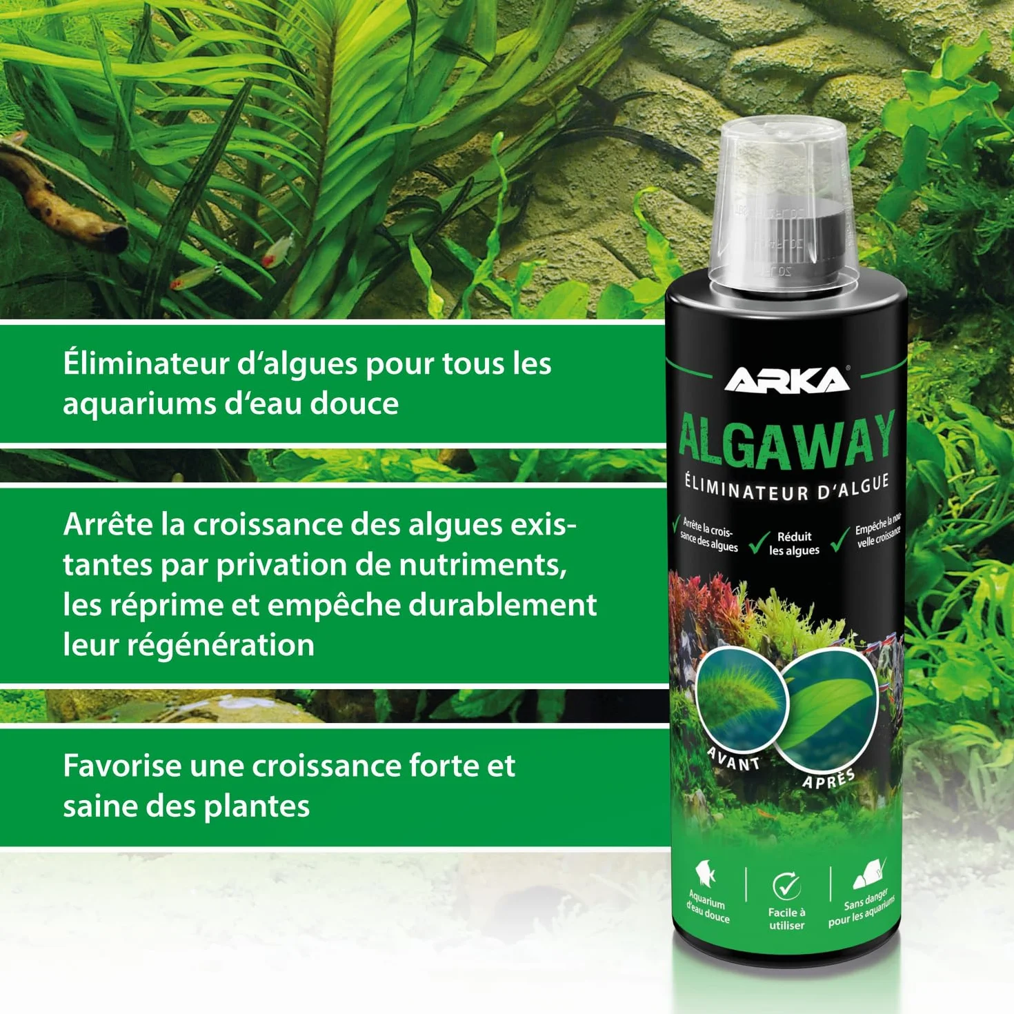 ARKA Algaway Éliminateur d’algues Aquarium 473 ML – sans cuivre Compatible Plantes – Eau Douce