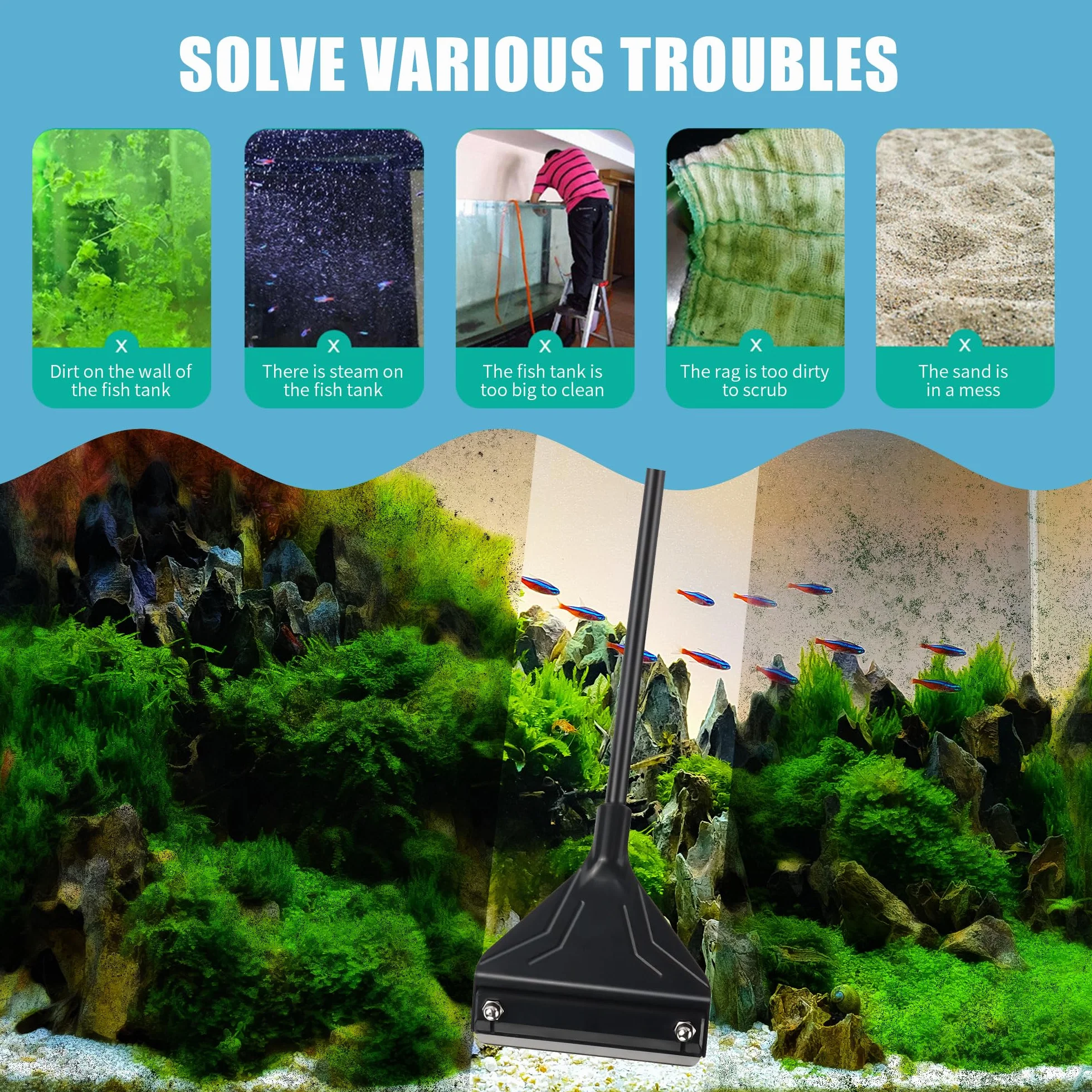 Kit Nettoyage Aquarium Grattoir Algues Tige Amovible 62cm 15 Lames Rechange Acier Inoxydable