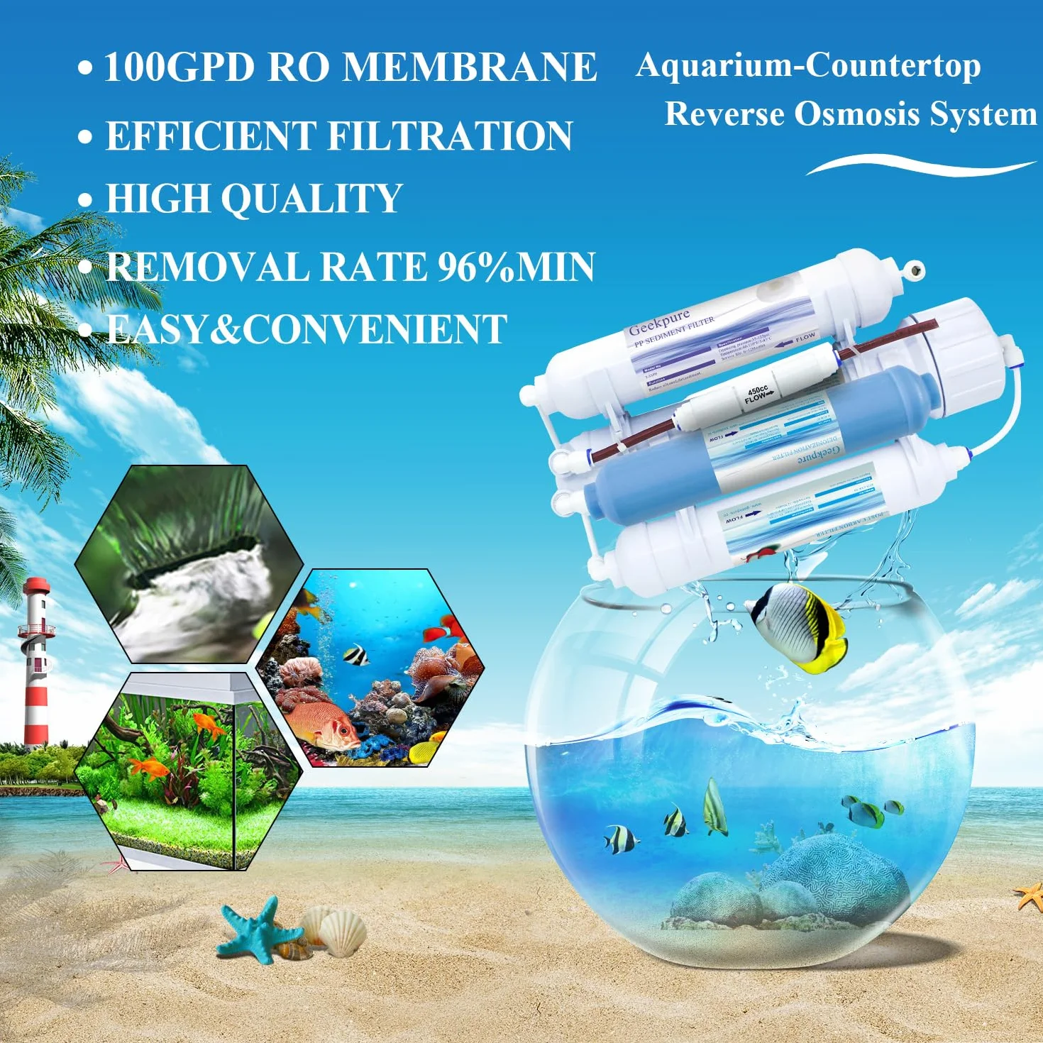 Geekpure Système de filtre à eau osmose inverse 4 étages DI-100GPD pour aquarium