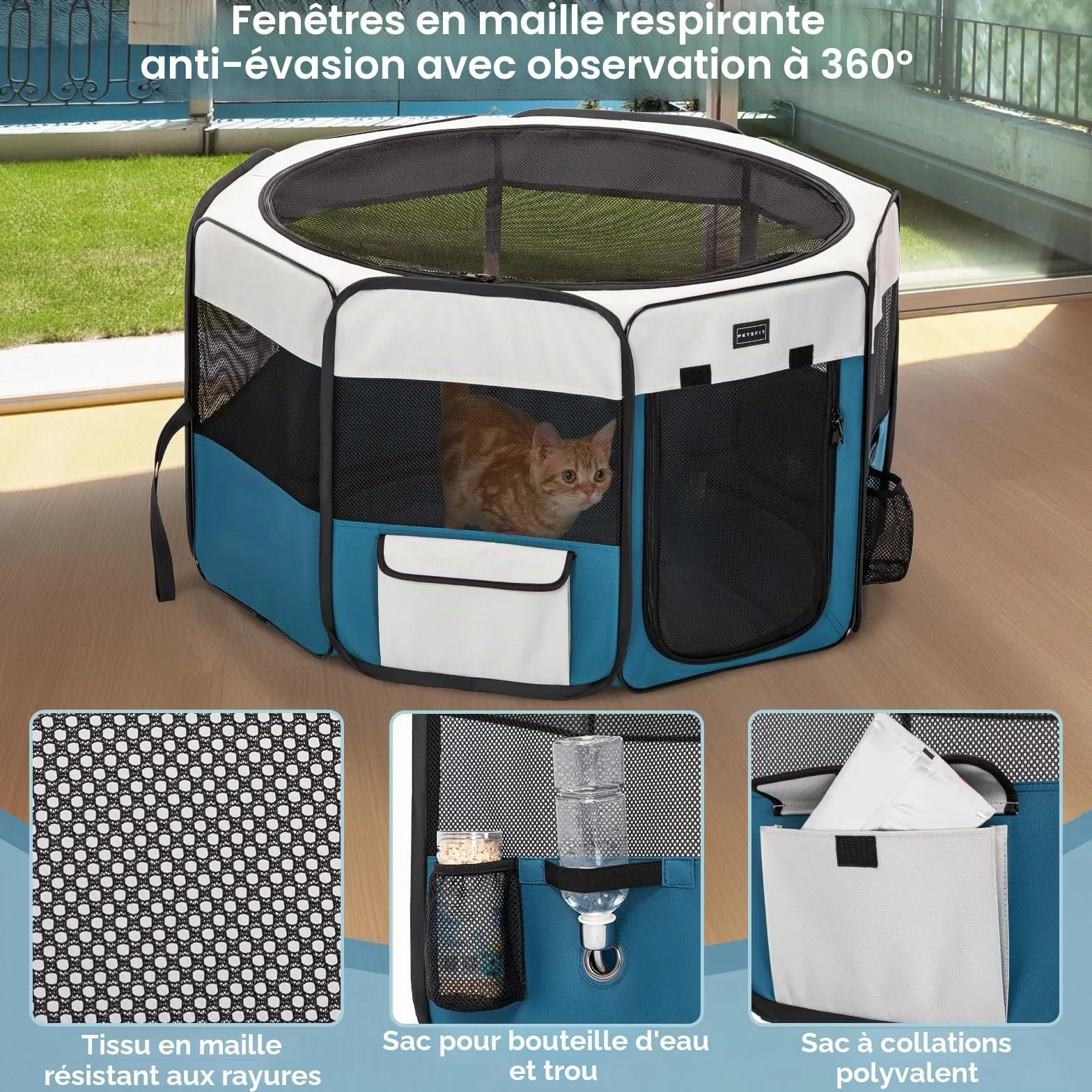 PETSFIT Enclos Pliable pour Petits Animaux 116x106x70 cm Fond étanche Pop-up Anti-Mastication Gris/Bleu