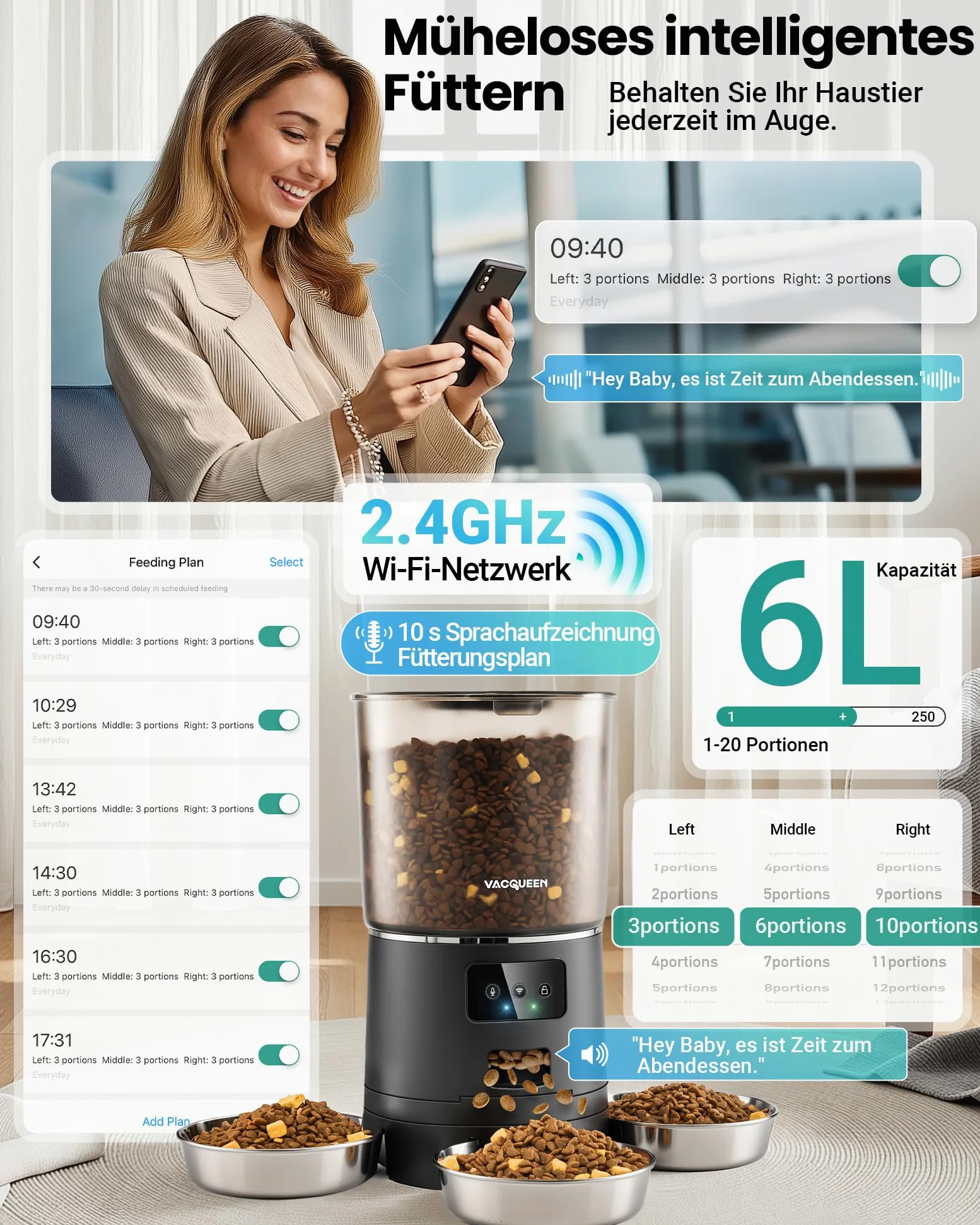Mangeoire automatique pour chat avec application et minuterie, 6 l/25 tasses, 3 gamelles, 3 paquets de déshydratants, système anti-obstruction, WiFi 2,4 G, enregistrement vocal 10 s, distributeur de
