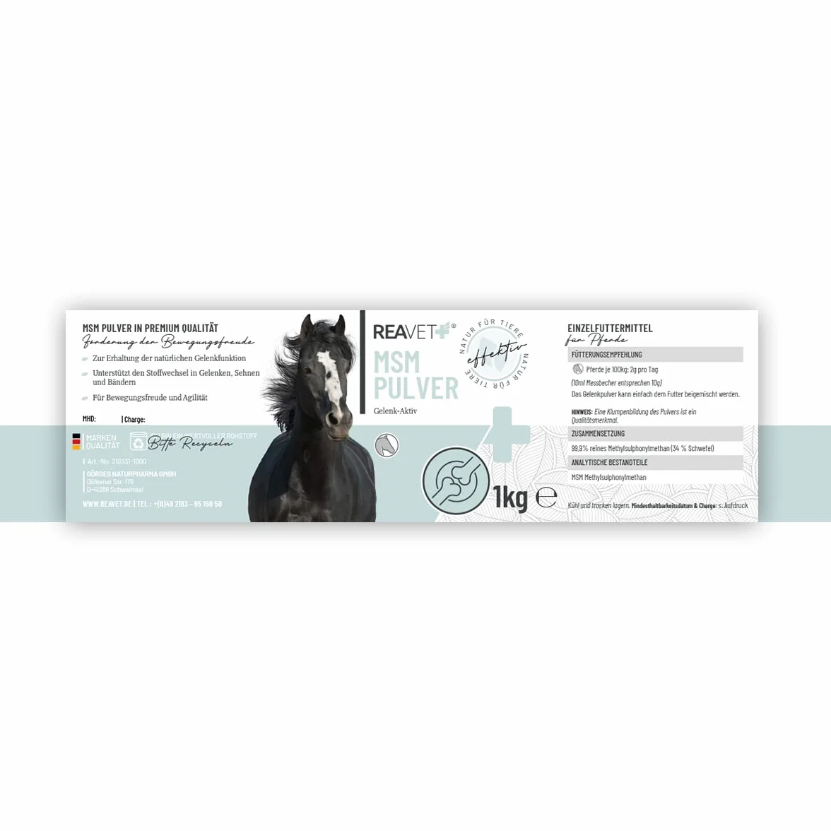 ReaVET MSM Poudre 1kg - Soufre Organique Pur & Haute Dose pour Chevaux