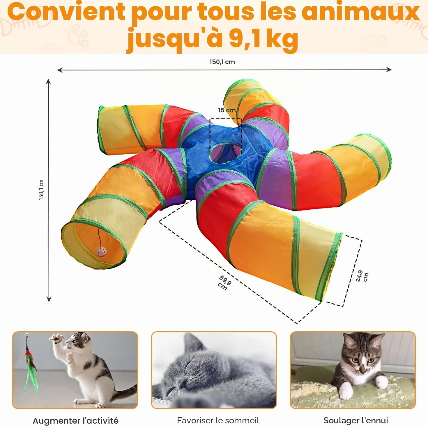 Tunnel de jeu pour chat d'intérieur, grand tunnel à 5 voies et tube pliable avec boule de jeu, tube S avec judas interactif, idéal pour l'exercice des chatons